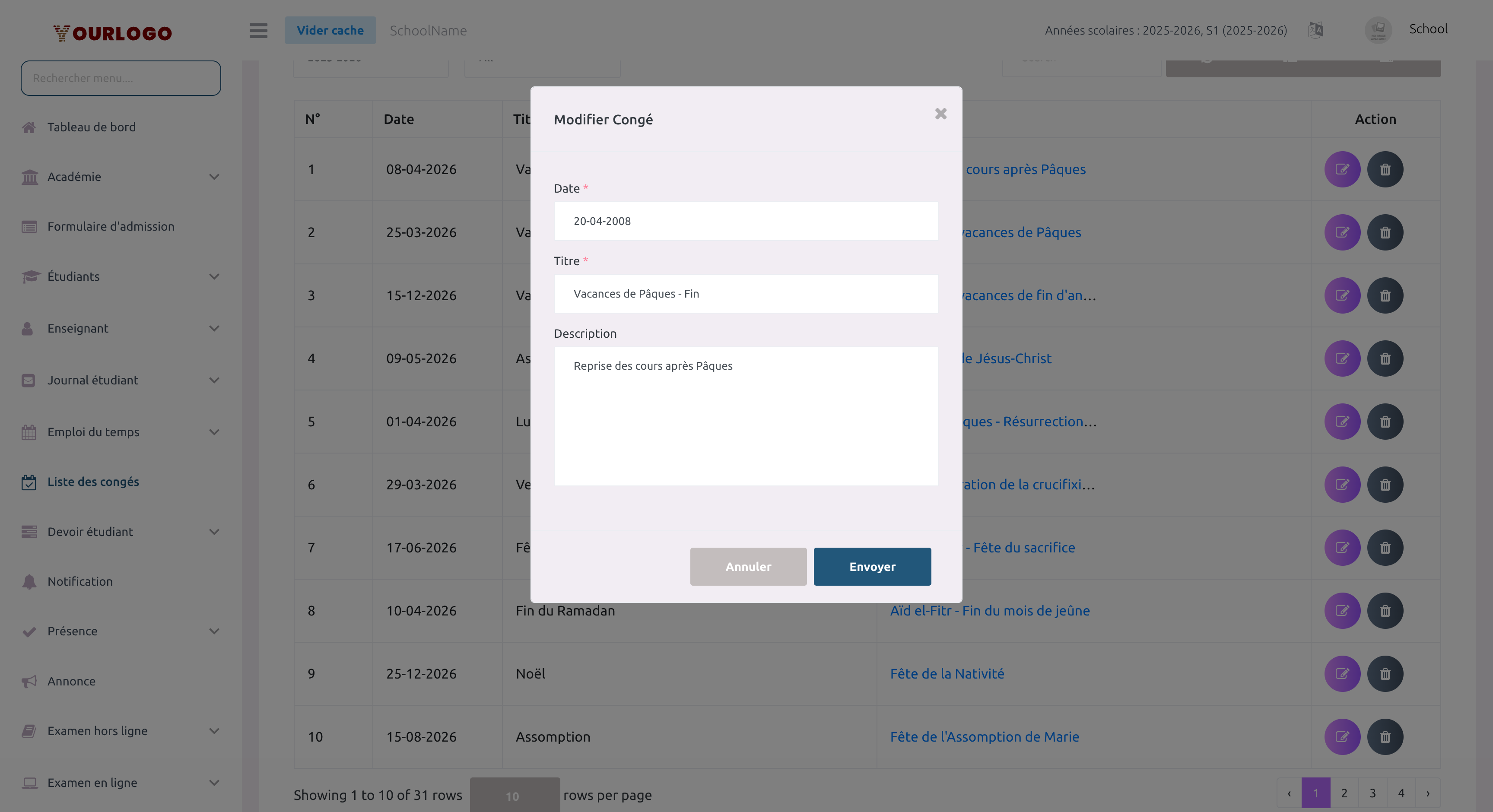Fenêtre modale de modification du jour férié avec les champs pré-remplis