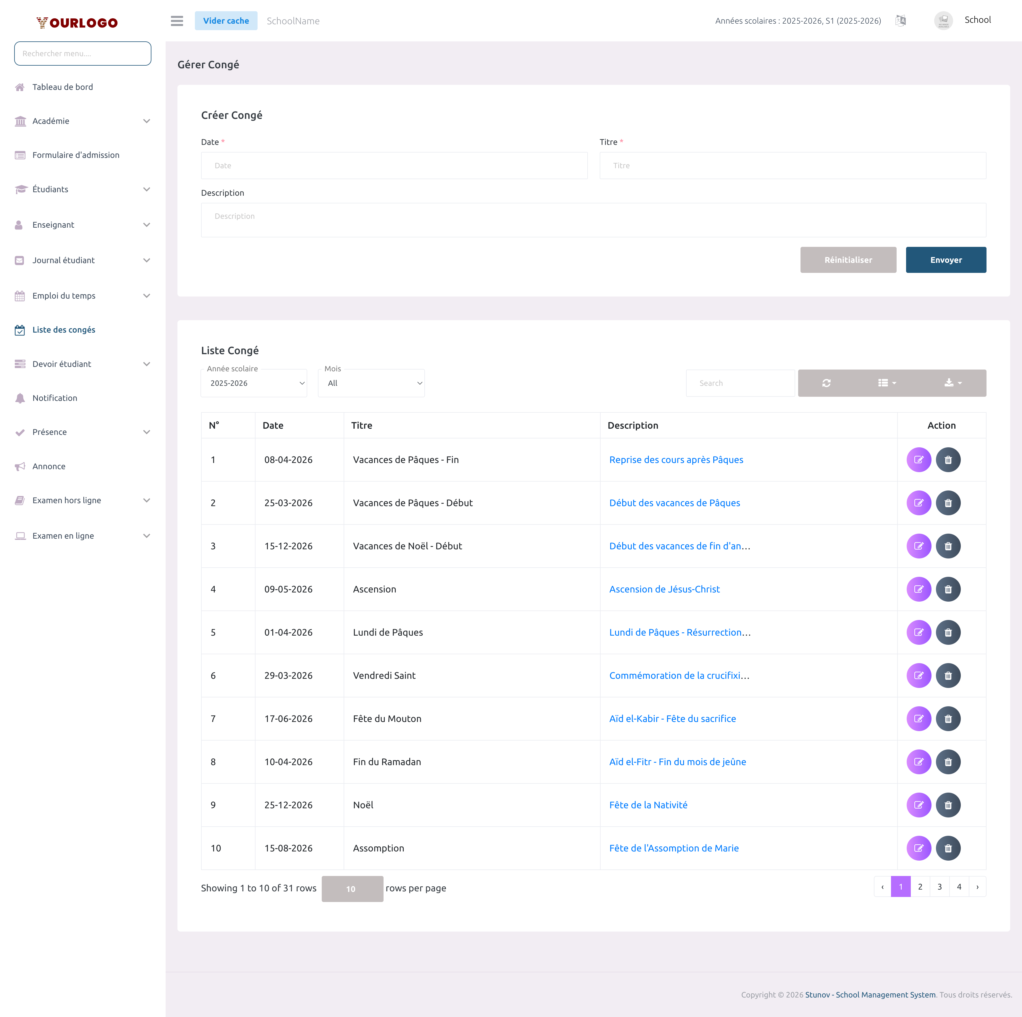 Page de gestion des jours fériés montrant le formulaire de création et le tableau