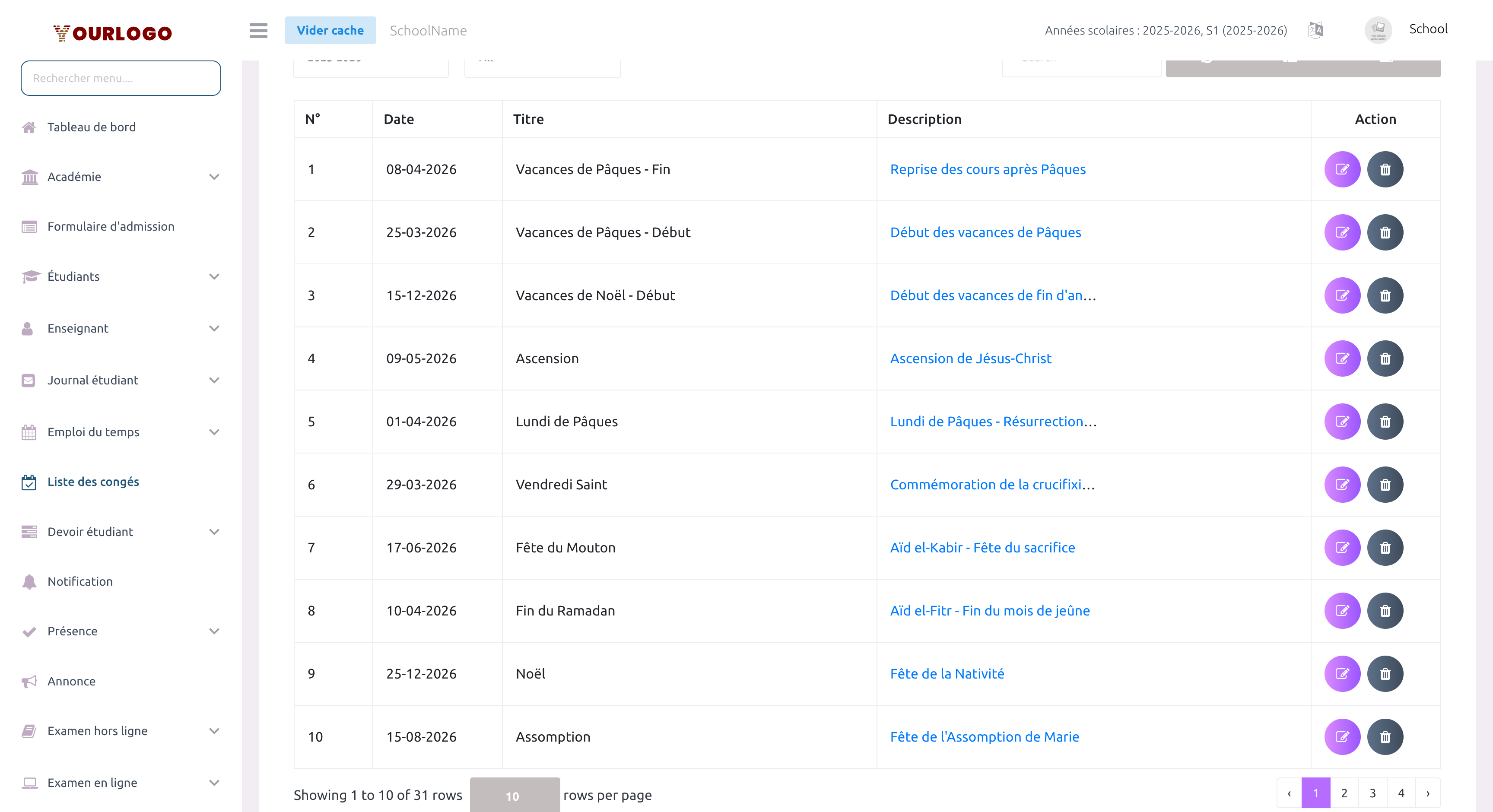 Tableau de la liste des jours fériés avec filtres par année scolaire et mois