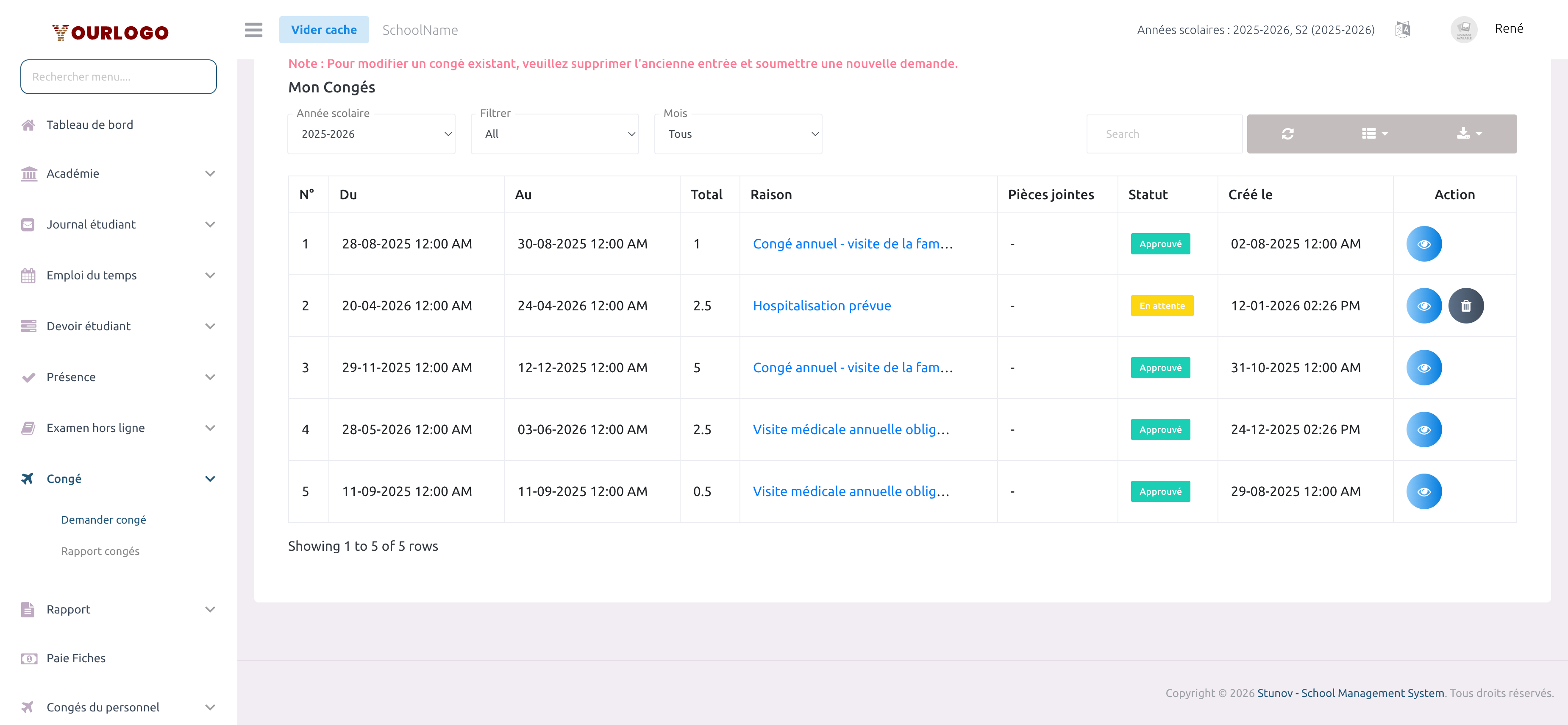 Tableau Mes Congés avec filtres et entrées de congé