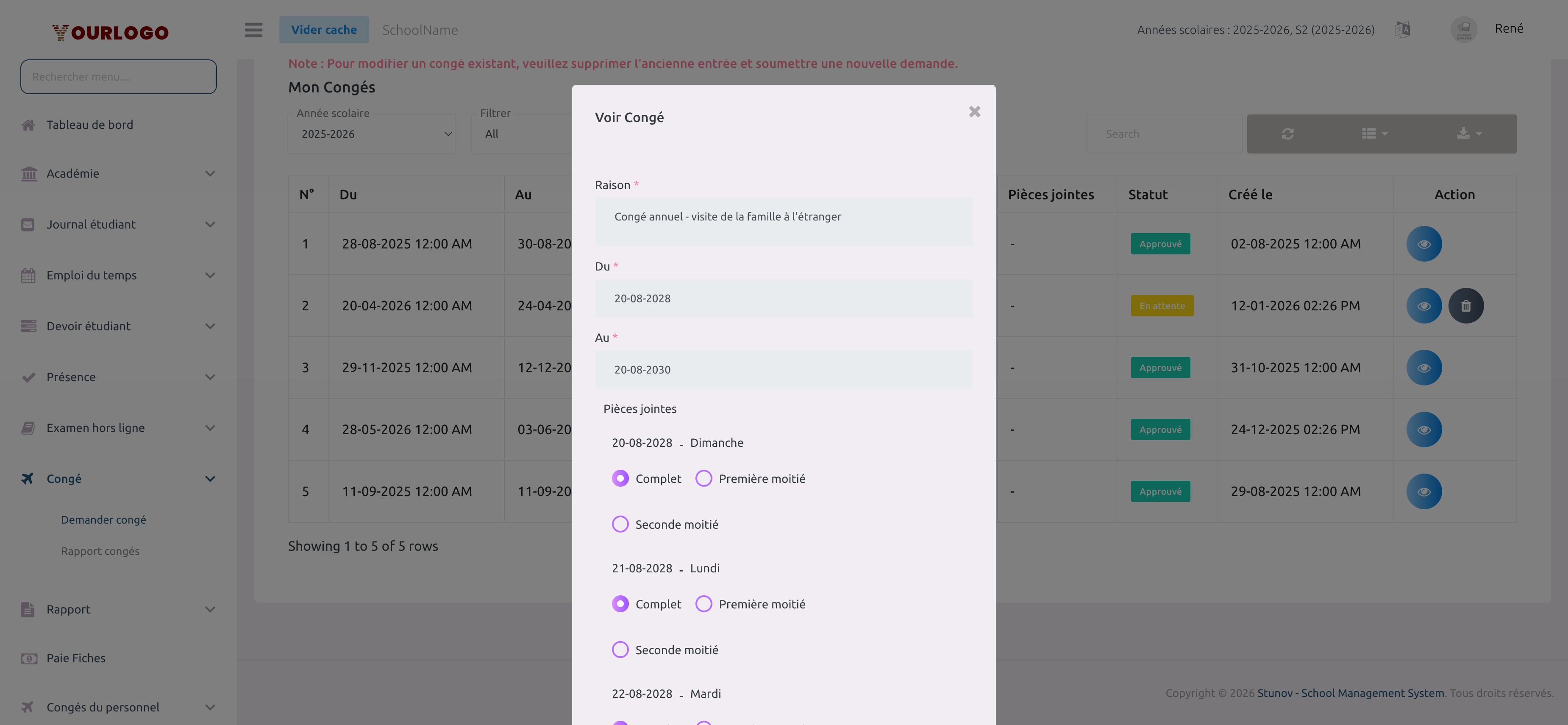 Modal de détail du congé affichant le motif, les dates et la sélection journée/demi-journée