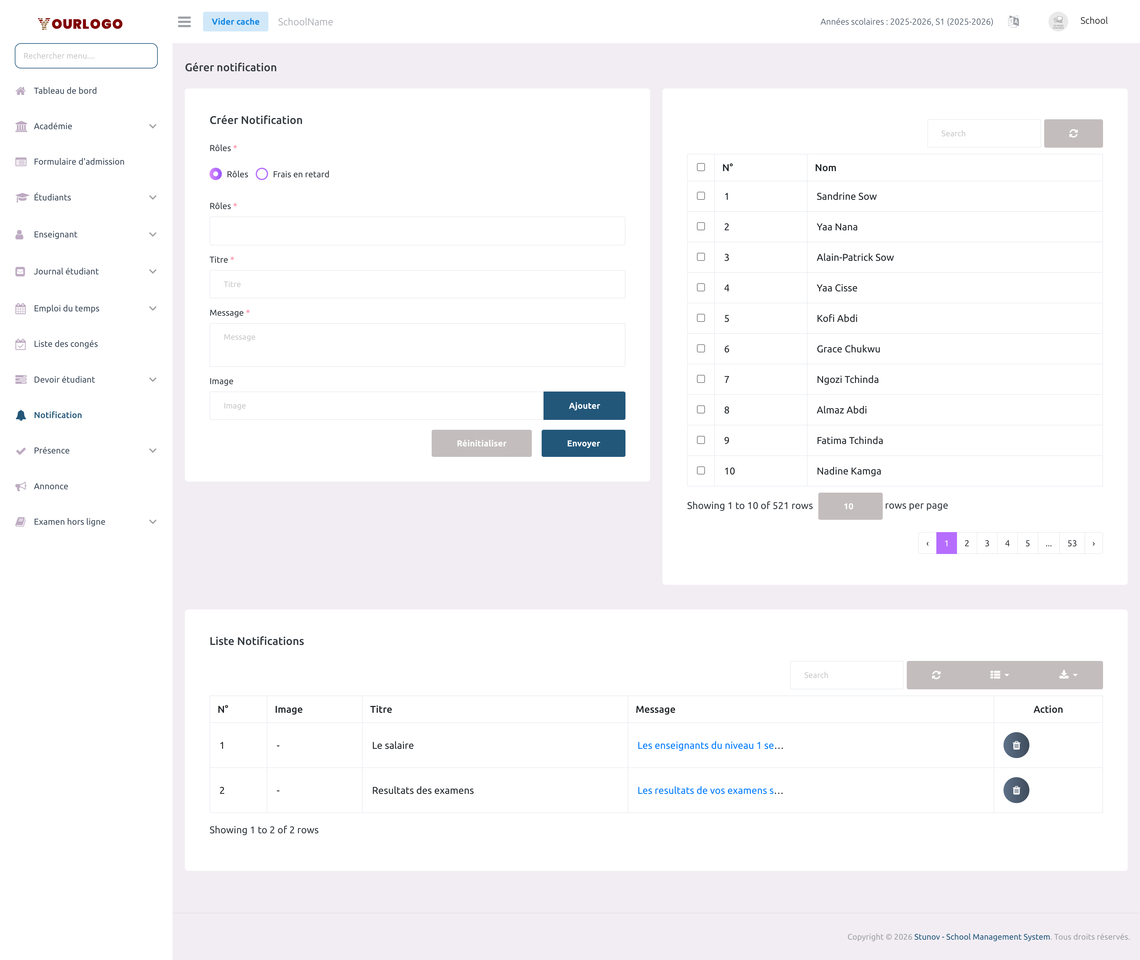 Page de gestion des notifications montrant le formulaire de création, le tableau de sélection des utilisateurs et l'historique des notifications