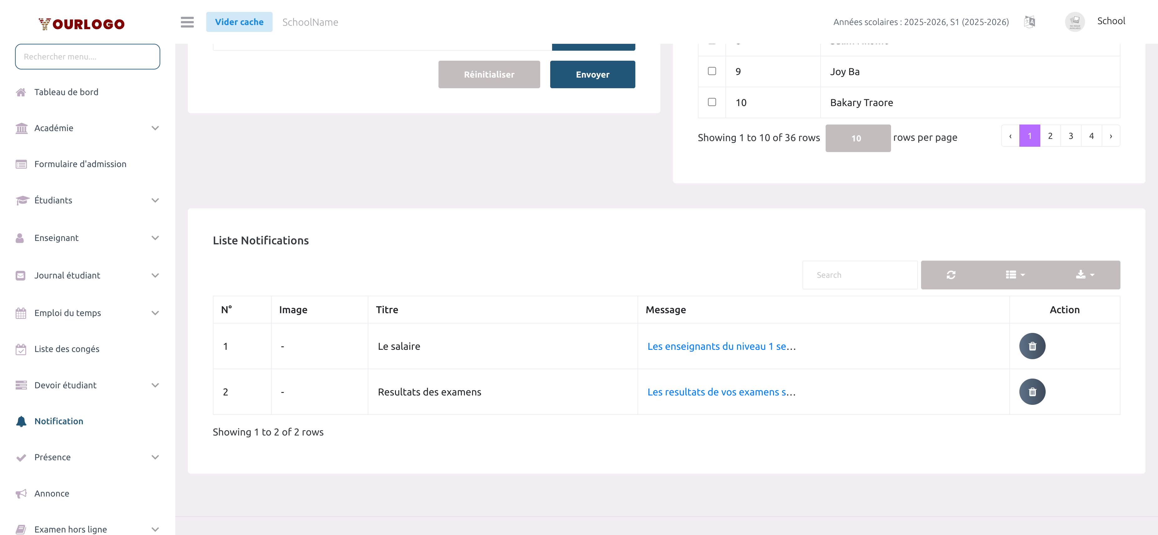 Liste de l'historique des notifications montrant les notifications envoyées avec titre, message et action de suppression