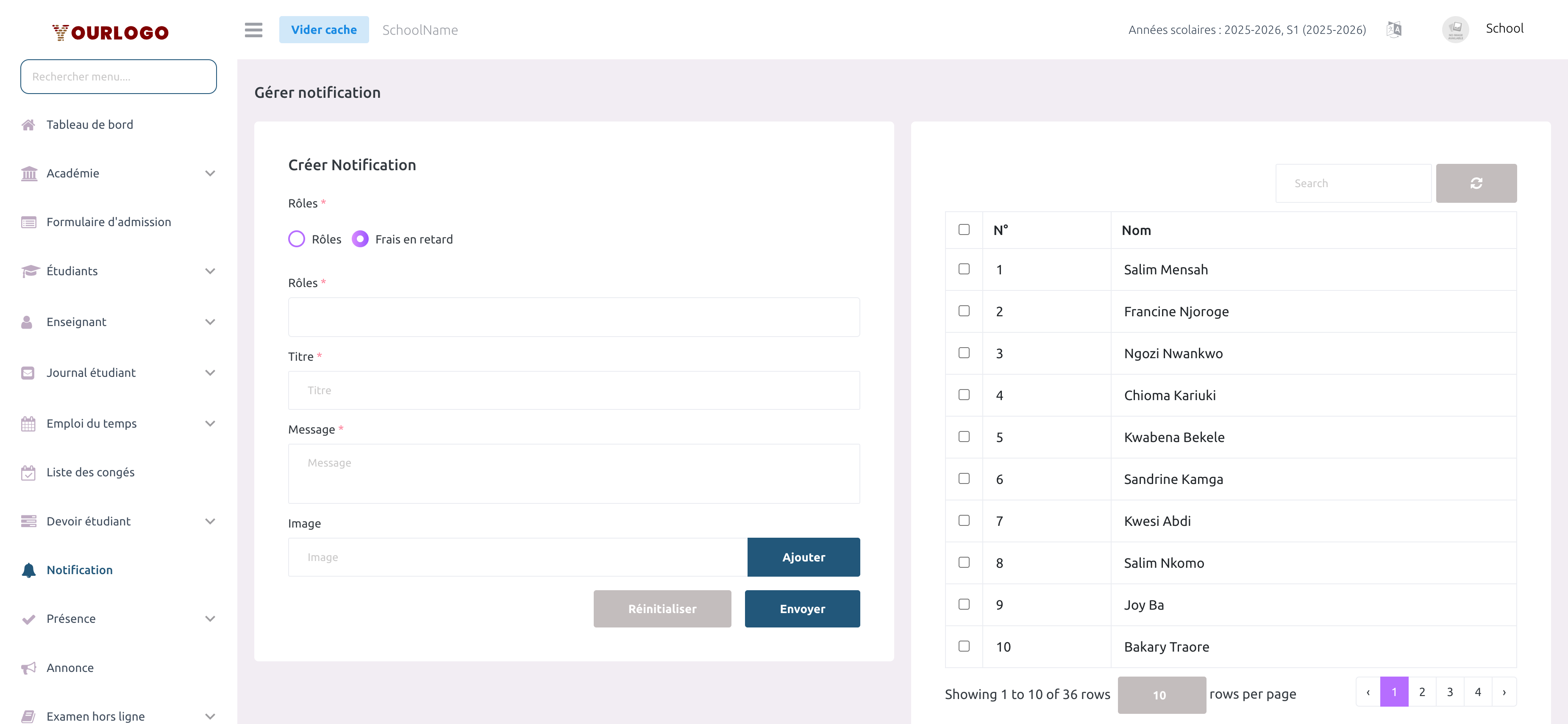 Formulaire de notification en mode Frais Impayés montrant la liste filtrée des élèves avec des frais impayés