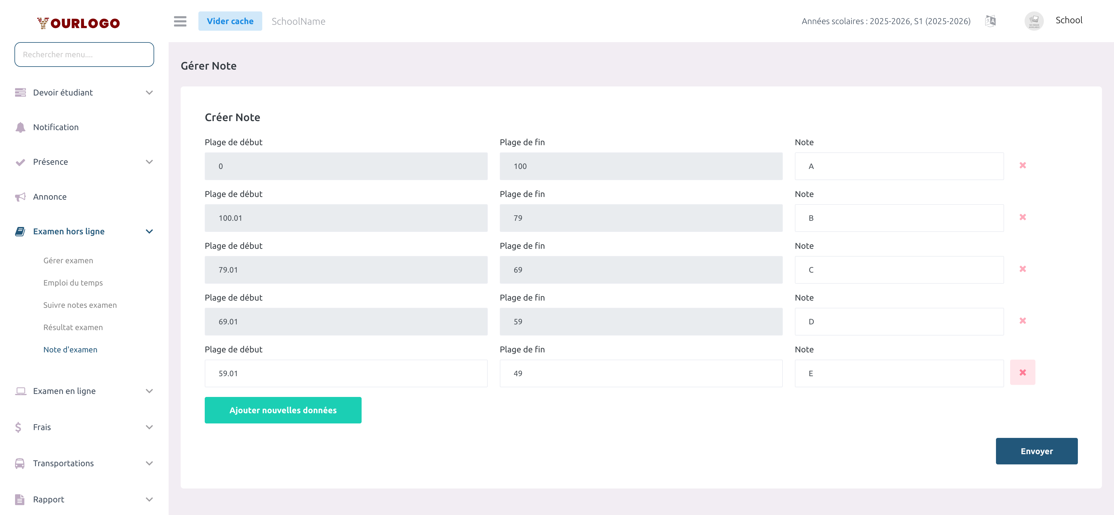 Formulaire de configuration du barème de notation avec plages