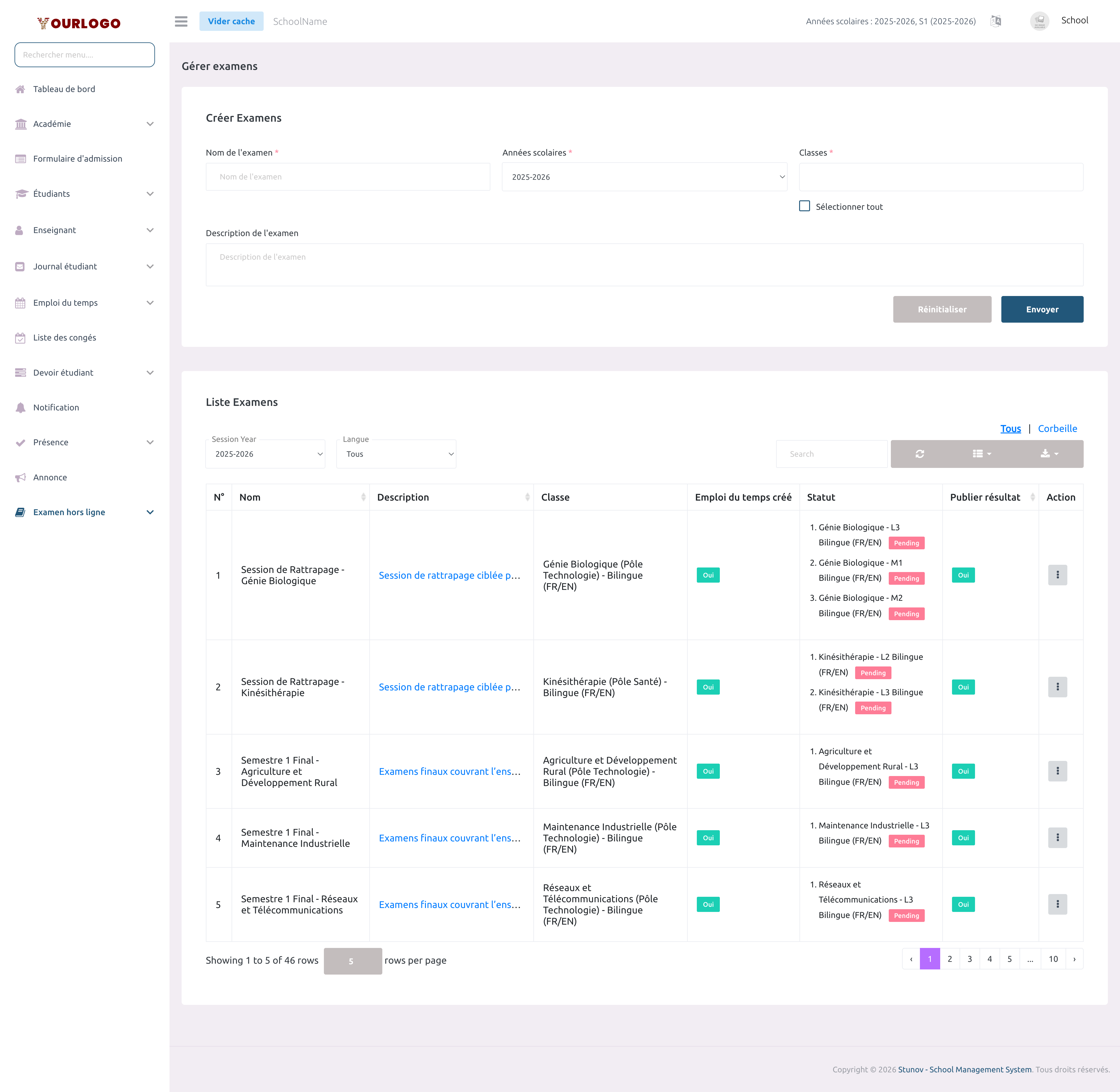 Page de gestion des examens avec formulaire de création et tableau de liste