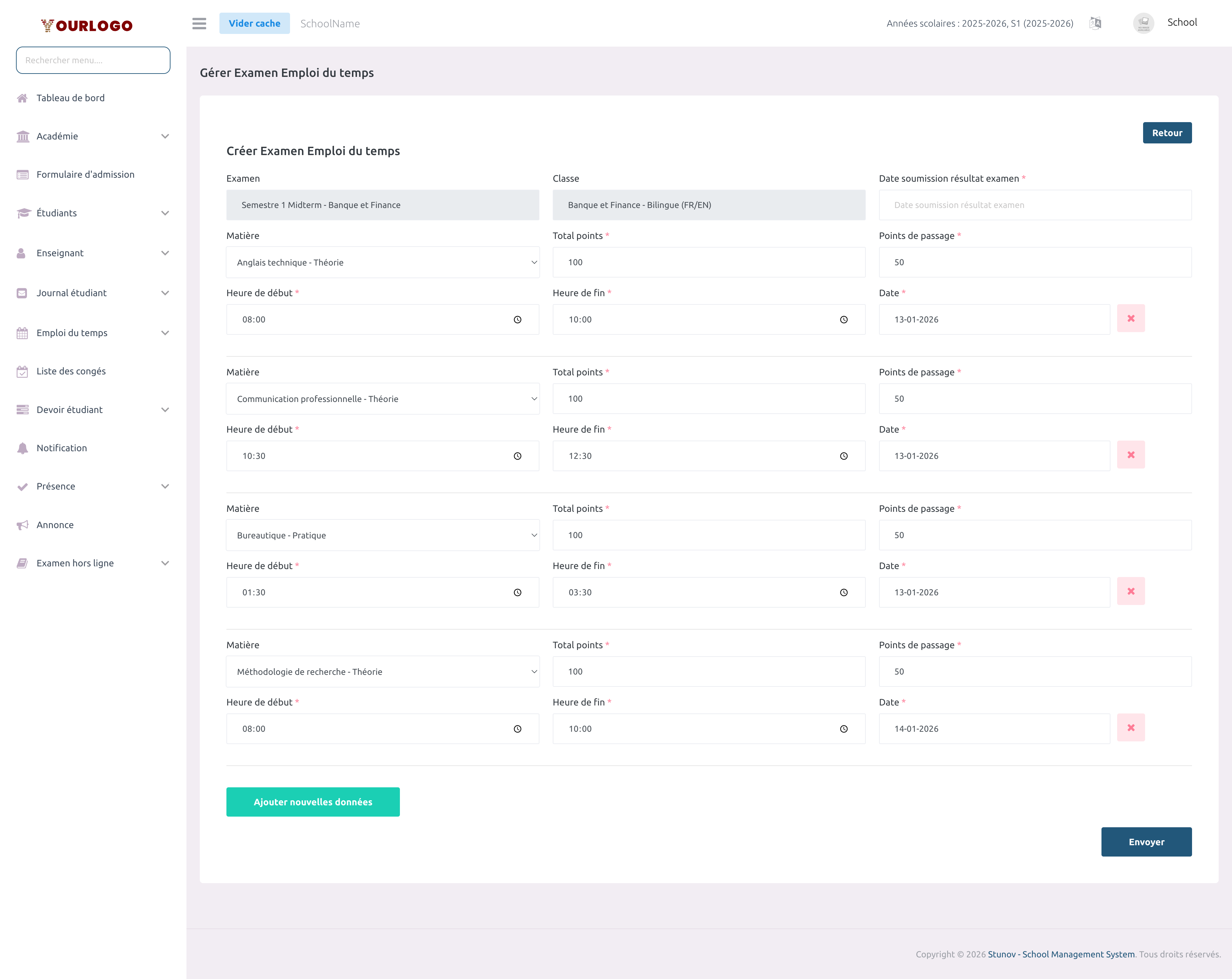 Formulaire d'édition d'emploi du temps avec champs par matière