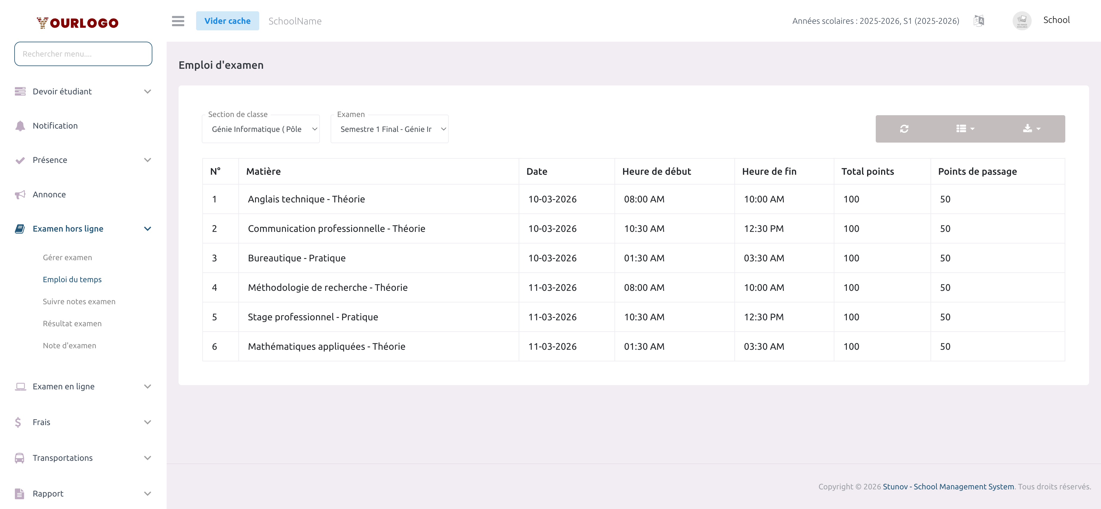 Page d'emploi du temps avec filtres par section et examen
