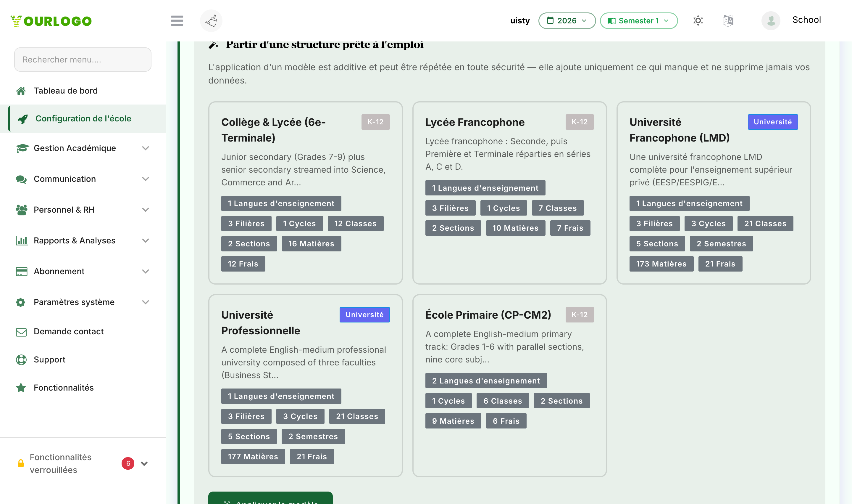 Sélecteur de modèles prédéfinis affichant des structures prêtes à l'emploi (Lycée francophone, Université francophone LMD, École primaire, Université professionnelle, École secondaire) chacune avec ses nombres de langues d'enseignement, classes, sections, matières et frais