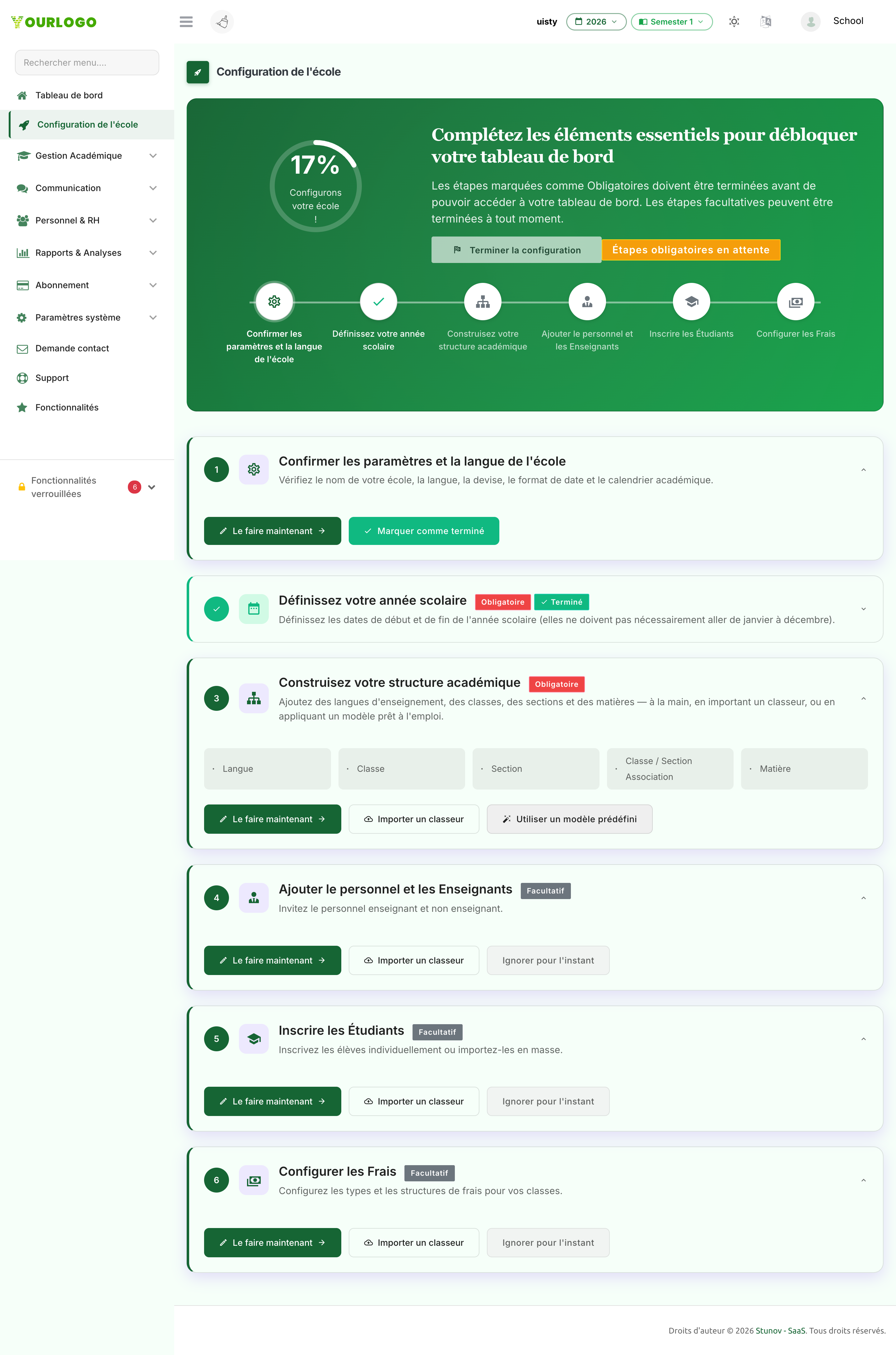 Assistant de configuration de l'école affichant le pourcentage de progression, un bouton Terminer la configuration désactivé, et les six cartes d'étapes avec les badges Obligatoire/Facultatif ainsi que la liste de contrôle de la structure académique