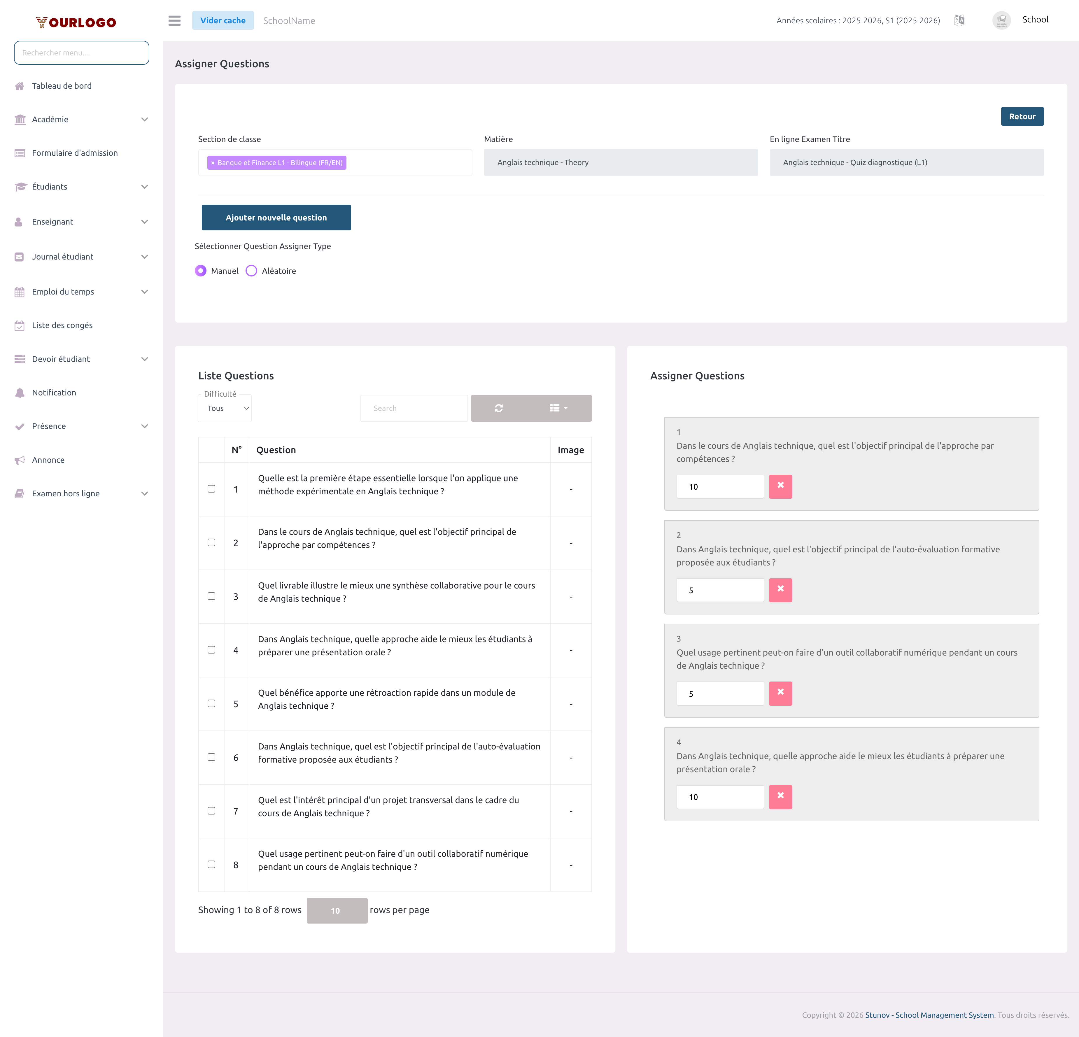 Page d'attribution des questions montrant les options manuelle et aléatoire