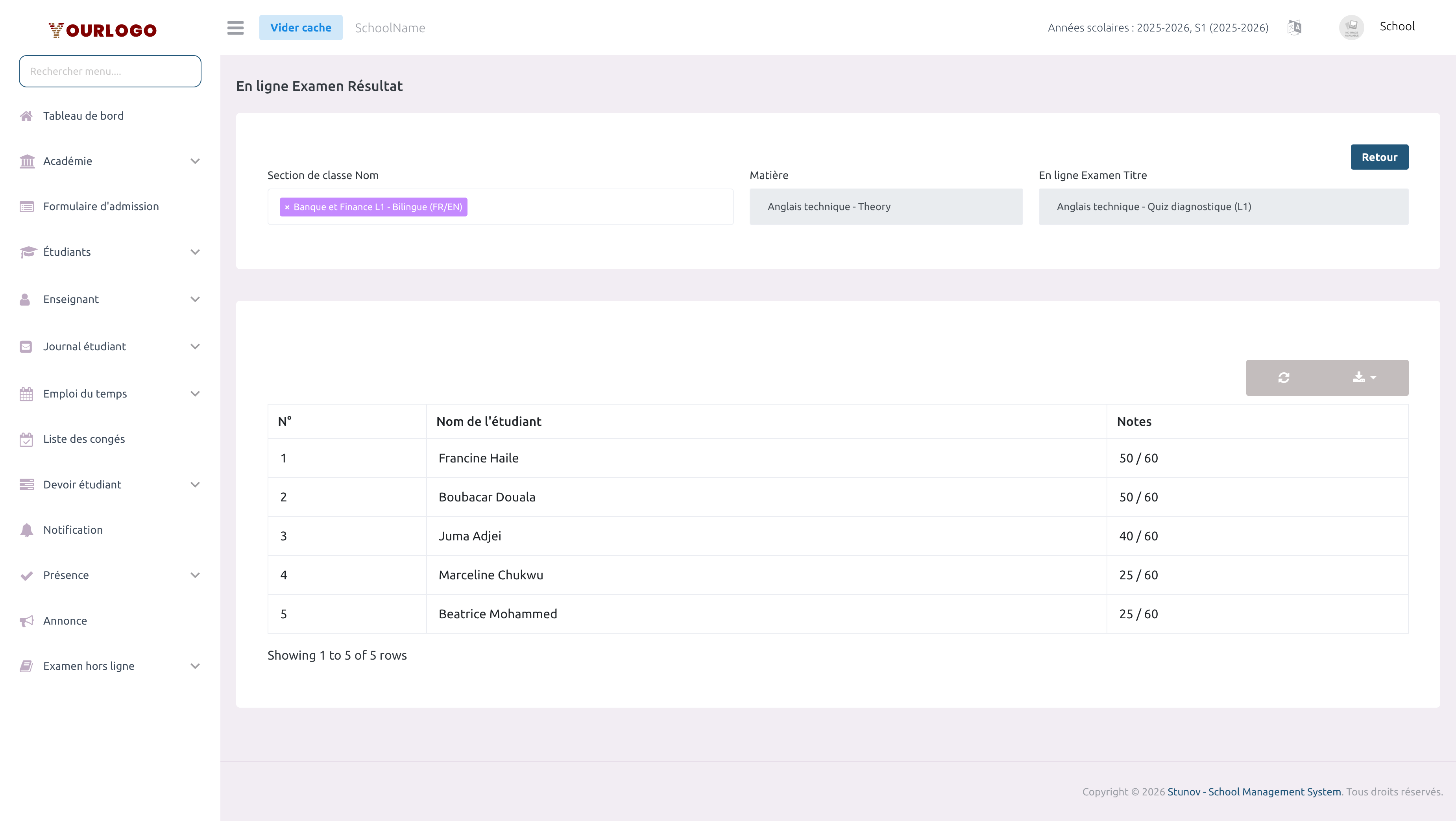 Page de résultats de l'examen en ligne montrant les scores des étudiants