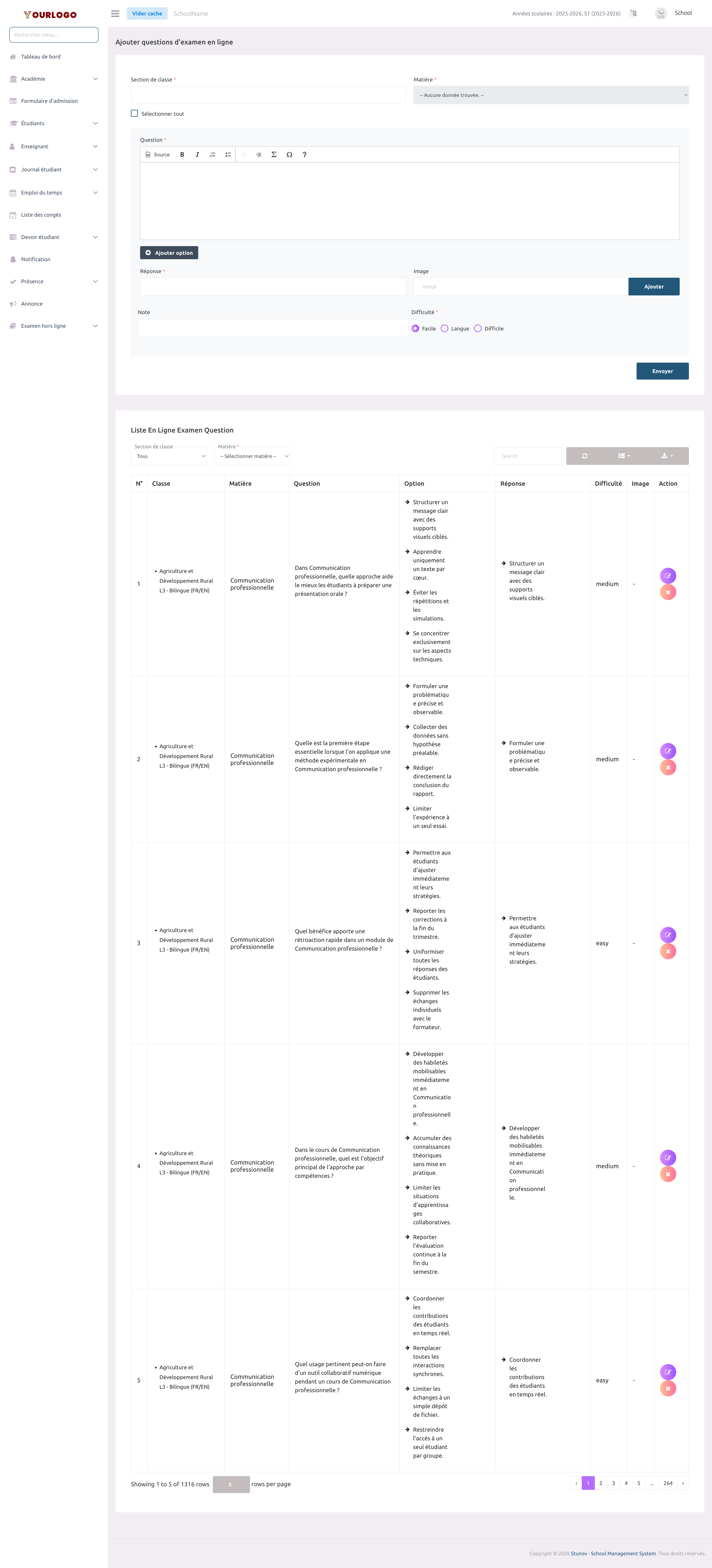 Page Gérer les questions montrant le formulaire de création et la liste des questions