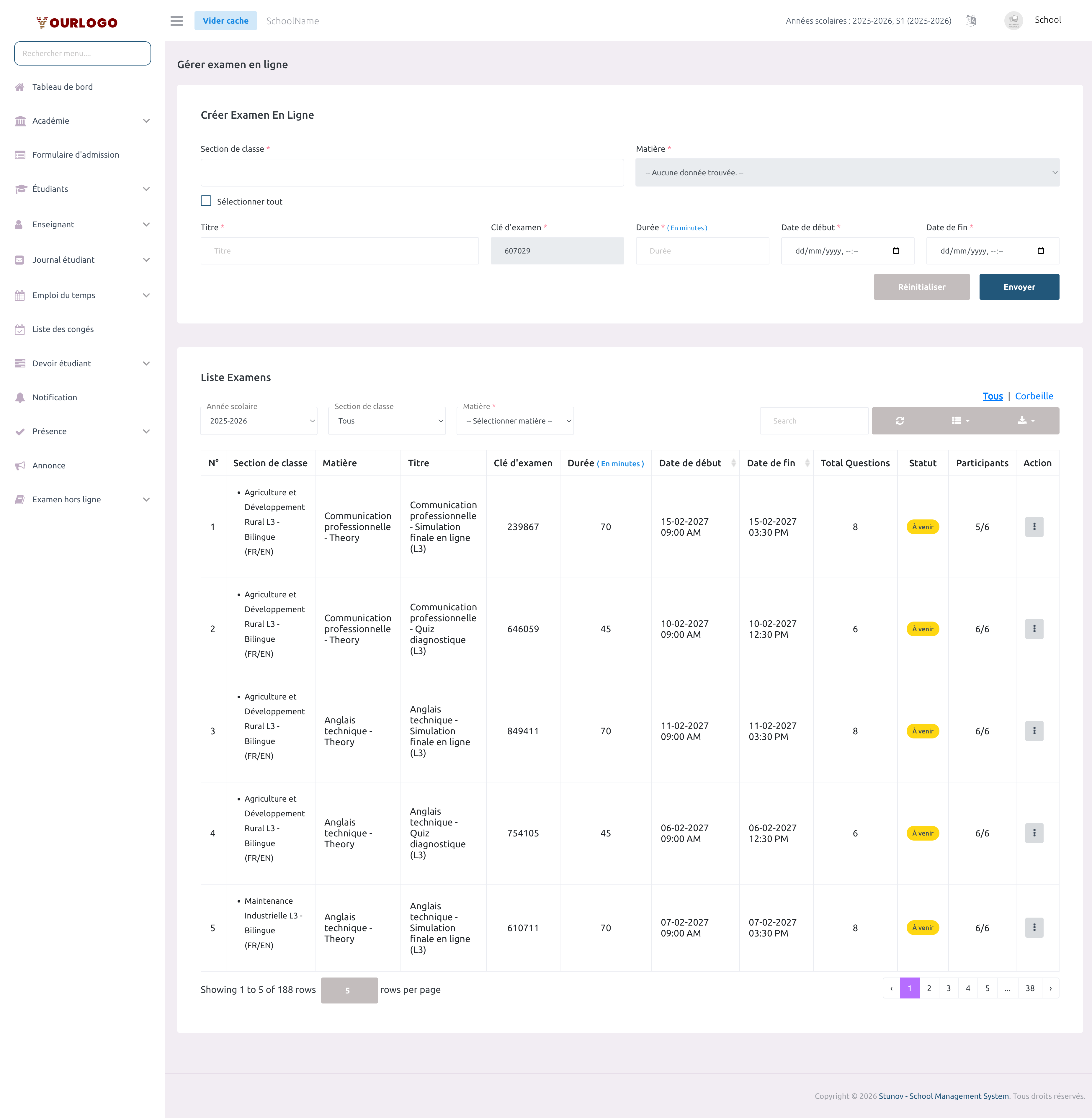Page de gestion des examens en ligne montrant le formulaire de création et la liste des examens