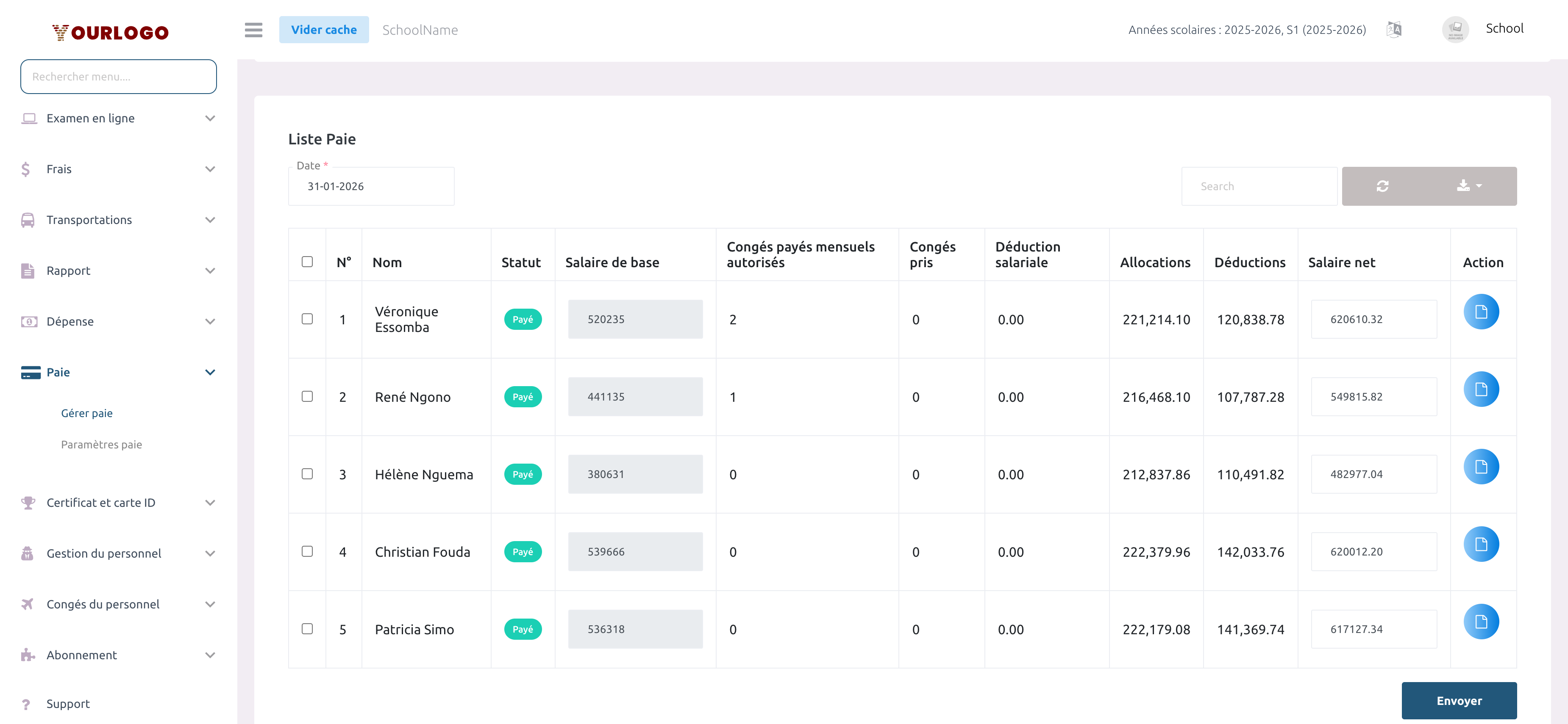 Liste de paie montrant le détail des salaires avec allocations, déductions et salaire net