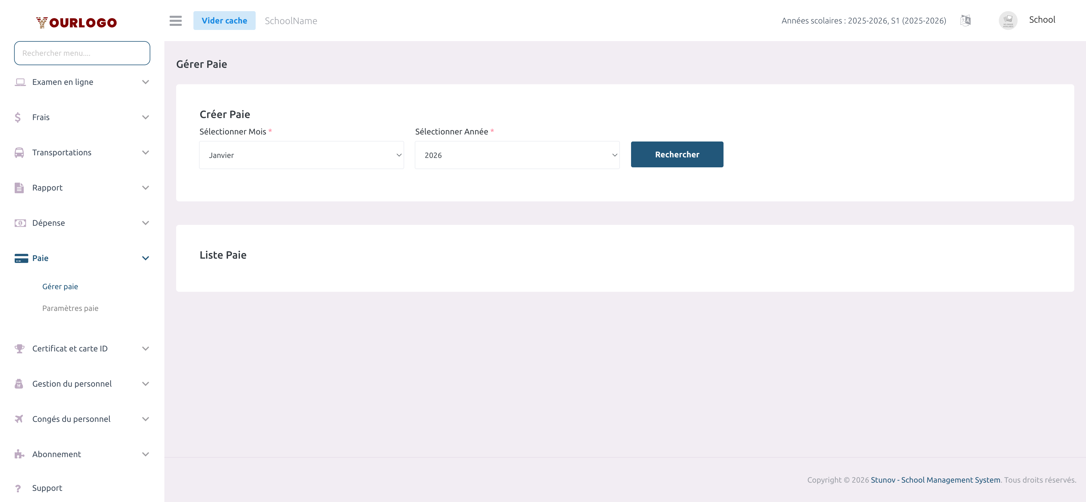 Page Gérer la paie avec formulaire de sélection du mois et de l'année