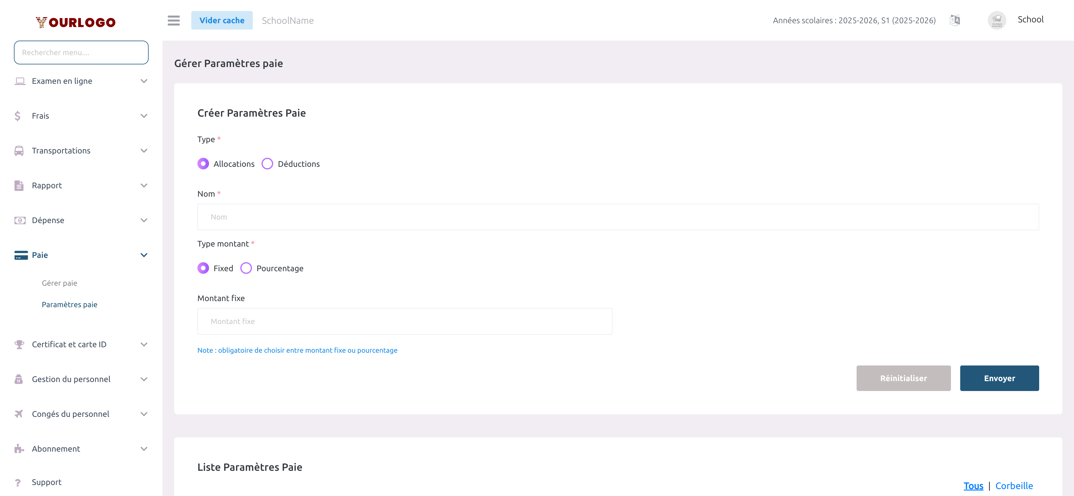 Page Paramètres de paie avec formulaire de création et liste des allocations