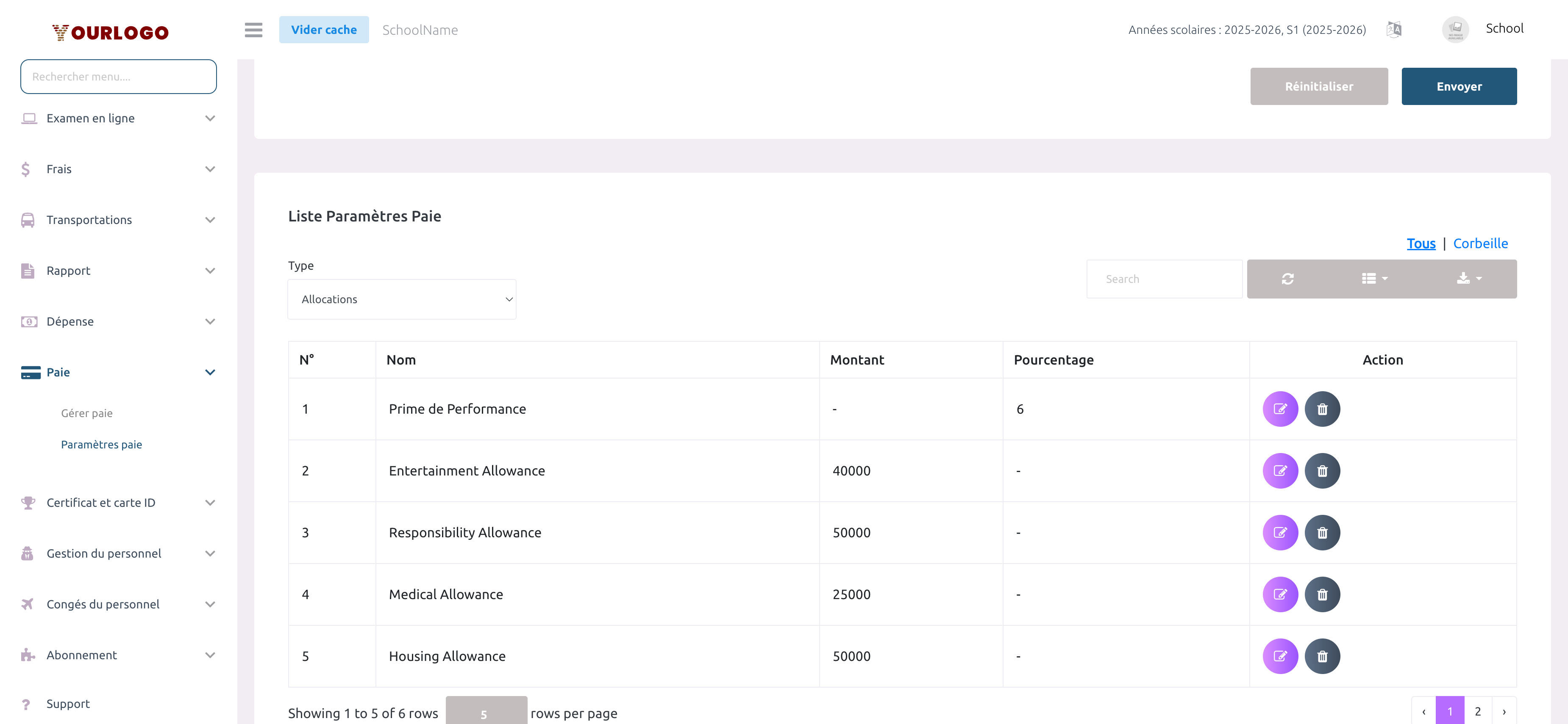 Liste des allocations de paie avec colonnes nom, montant et pourcentage