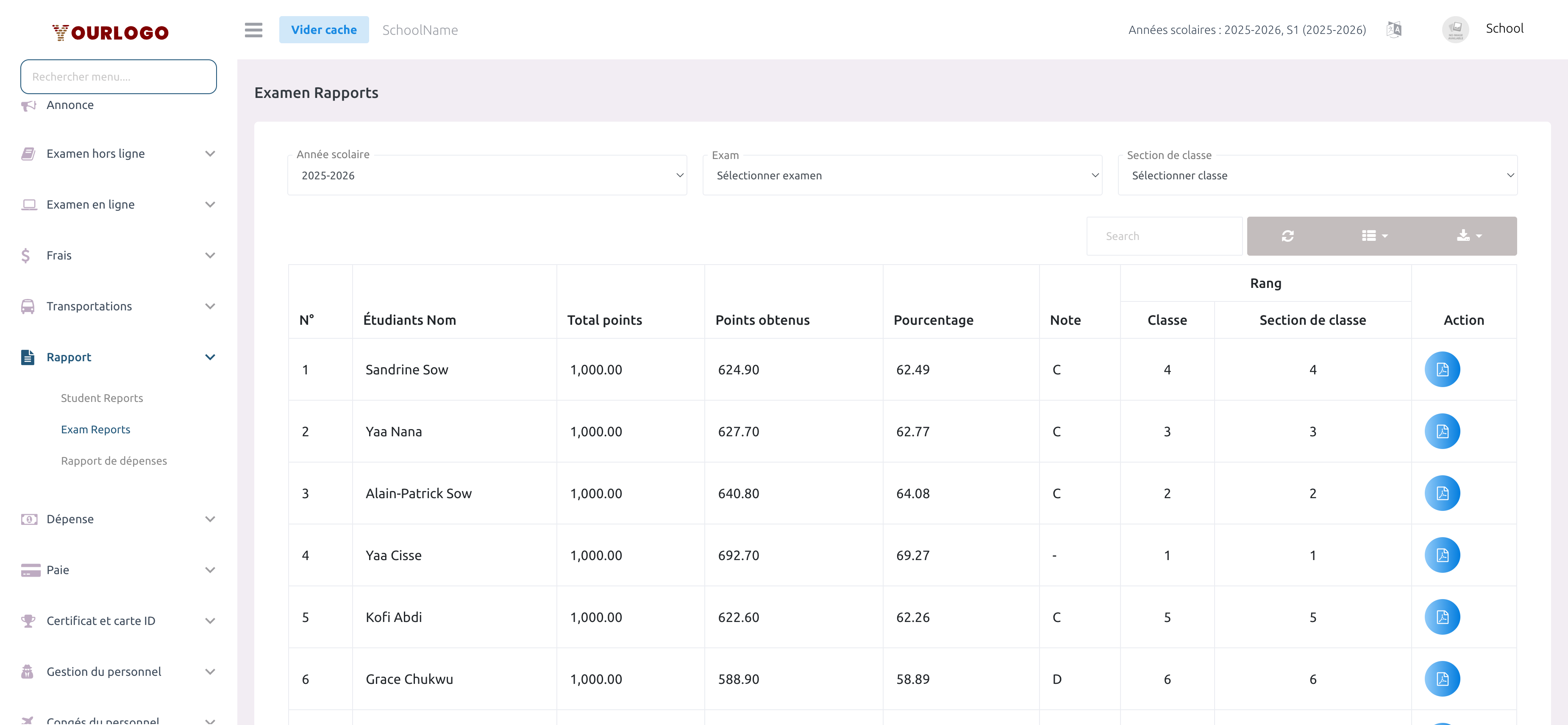 Page des rapports d'examens avec filtres année scolaire, examen et classe