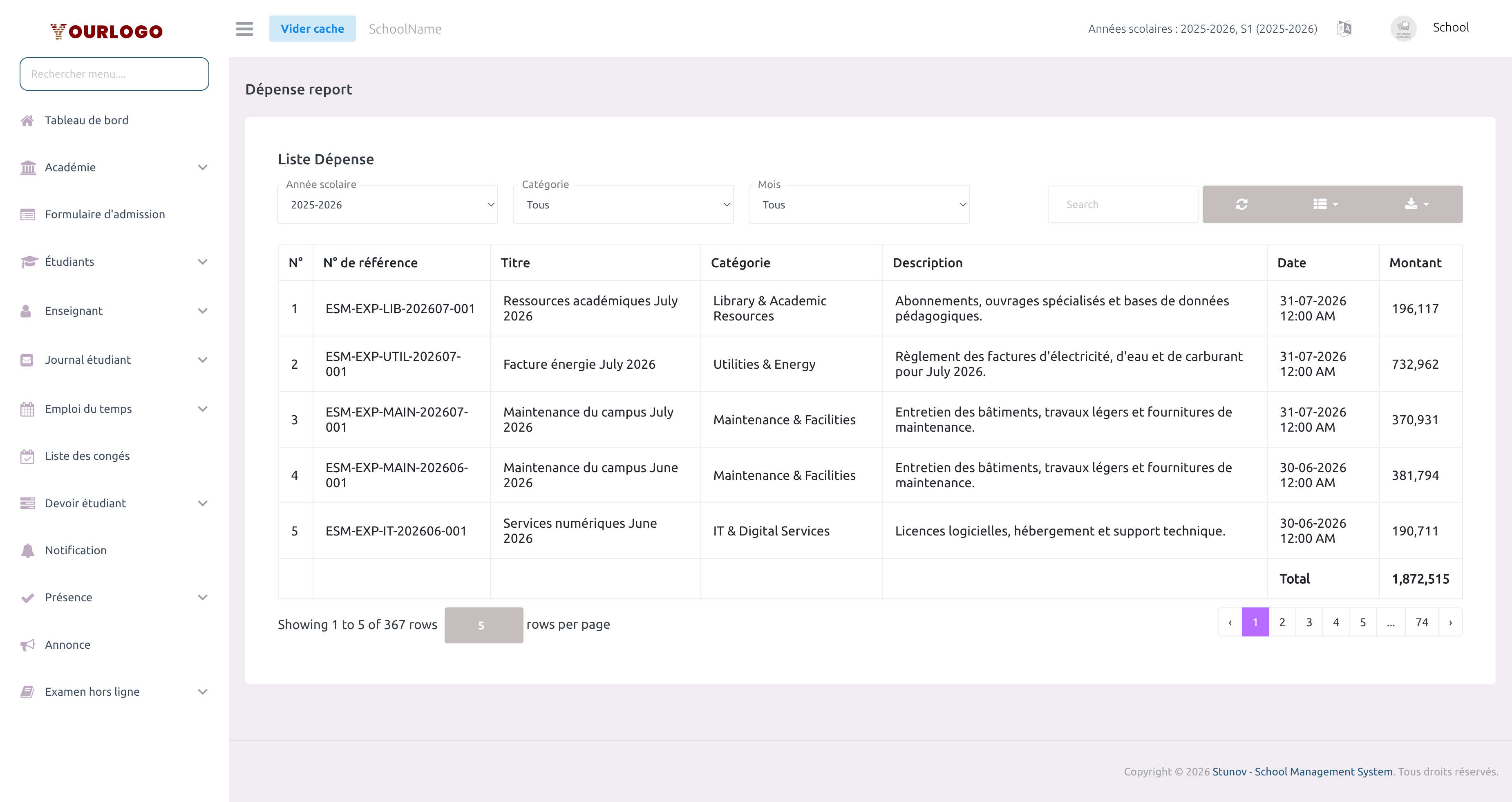 Page du rapport des dépenses avec liste filtrée par catégorie, mois et année scolaire