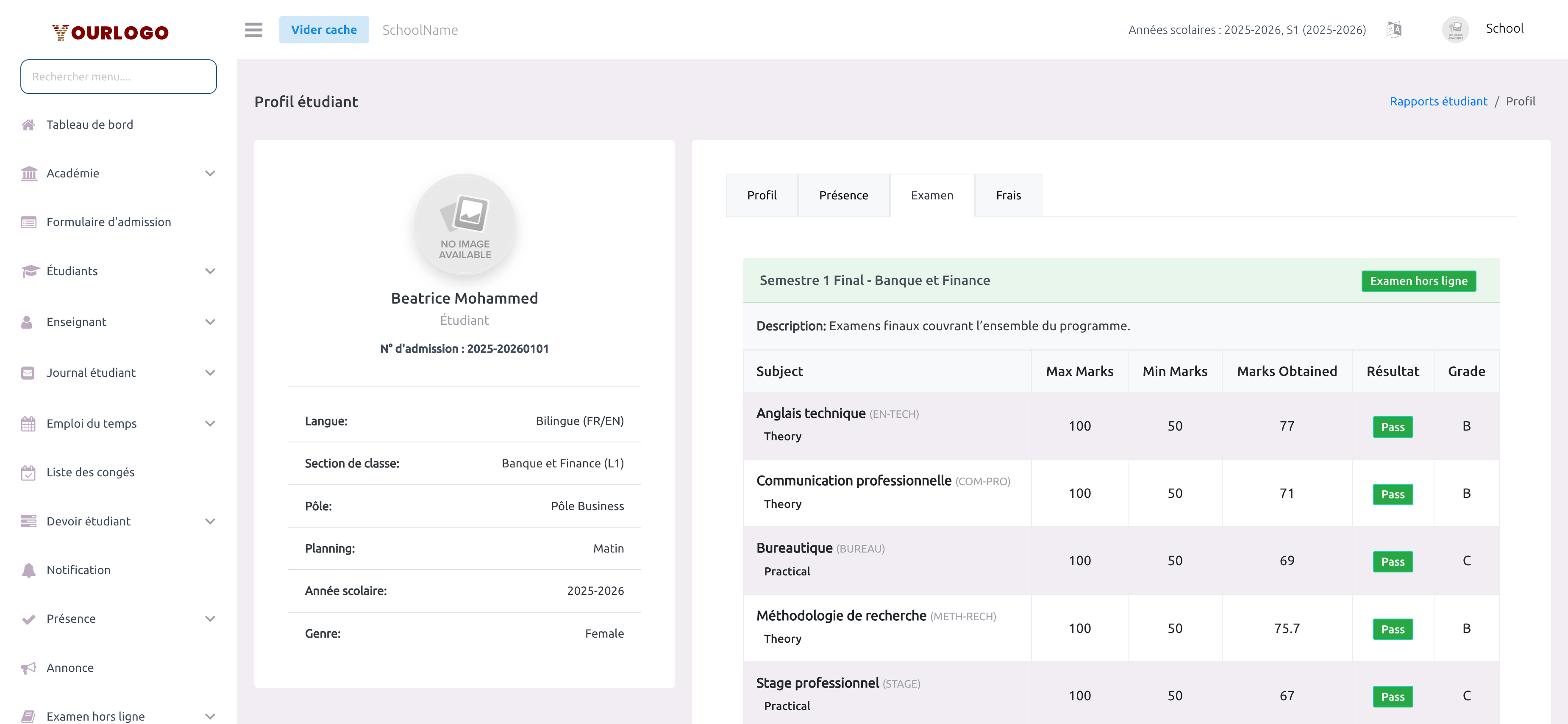 Onglet examens du rapport étudiant avec résultats hors ligne et en ligne