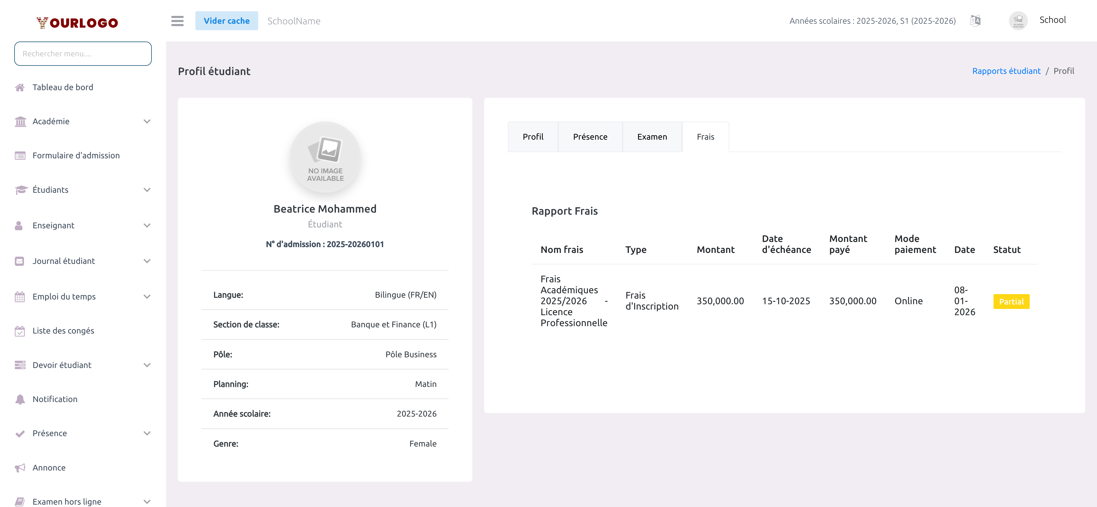 Onglet frais du rapport étudiant avec état des paiements