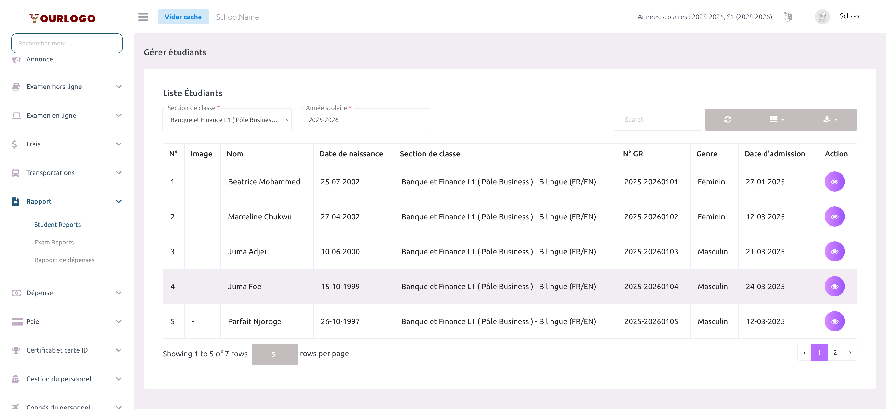 Page de liste des rapports étudiants filtrée par classe