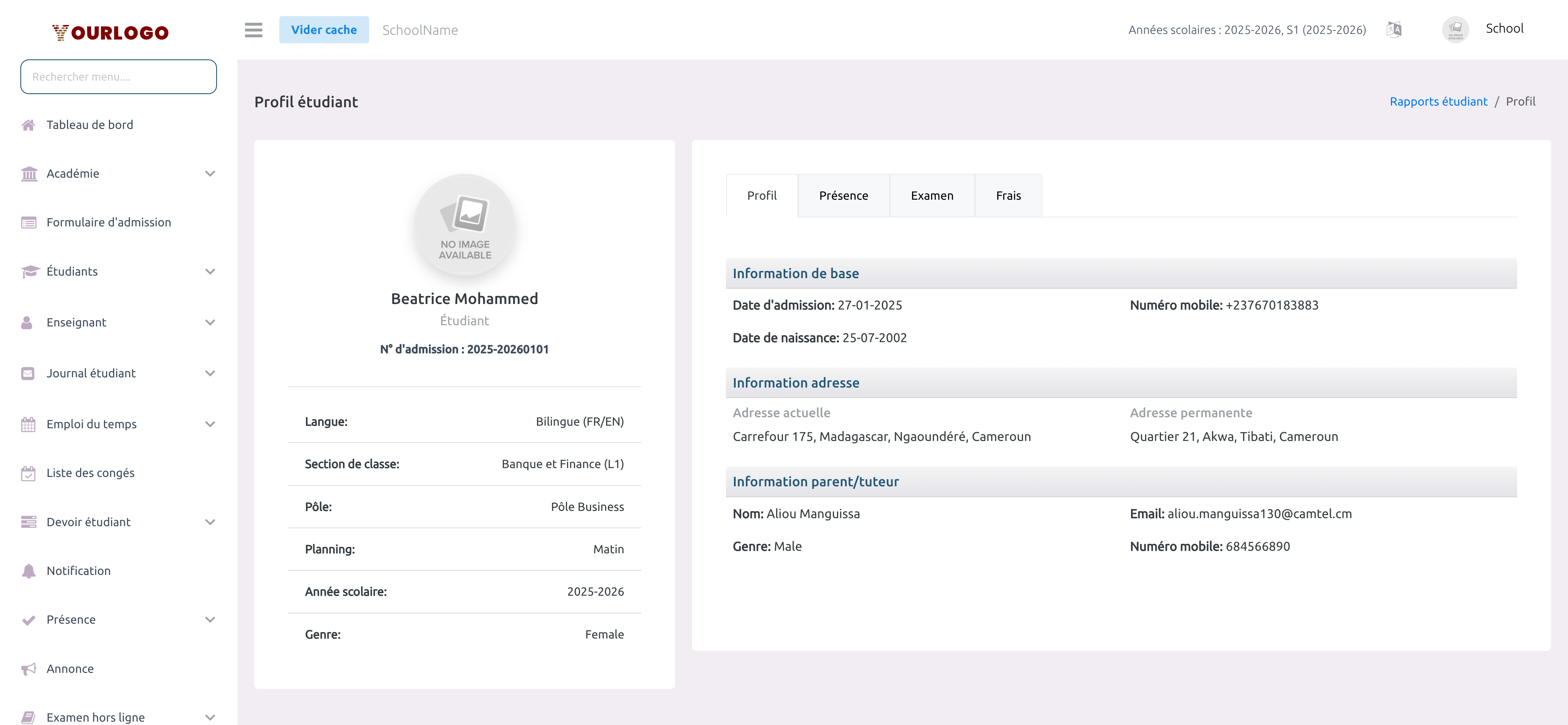 Profil détaillé de l'étudiant avec informations personnelles et coordonnées du tuteur