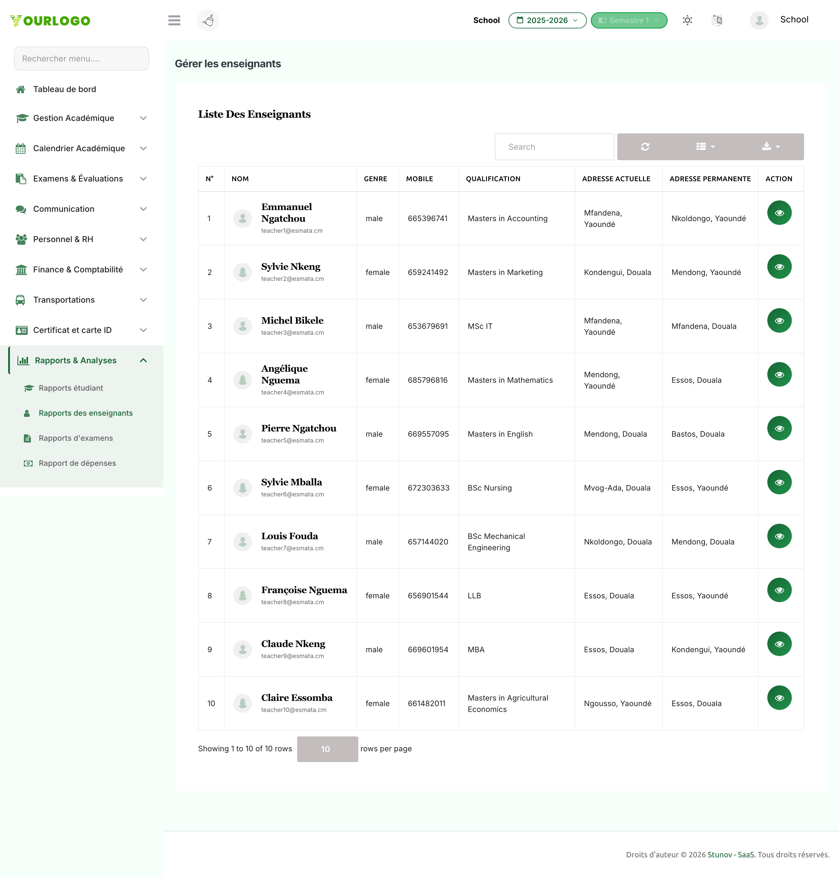 Liste des rapports des enseignants avec colonnes consultables et triables et une action de visualisation