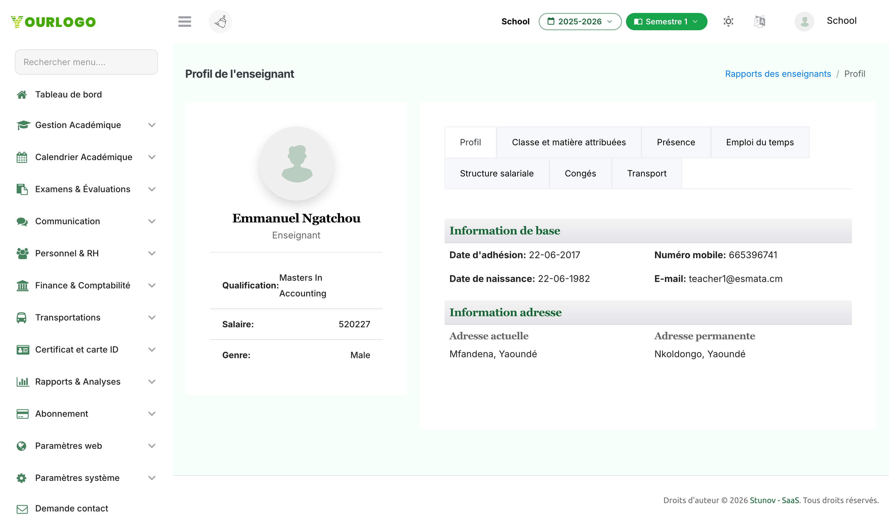 Rapport individuel d'un enseignant avec fiche de profil et sections à onglets
