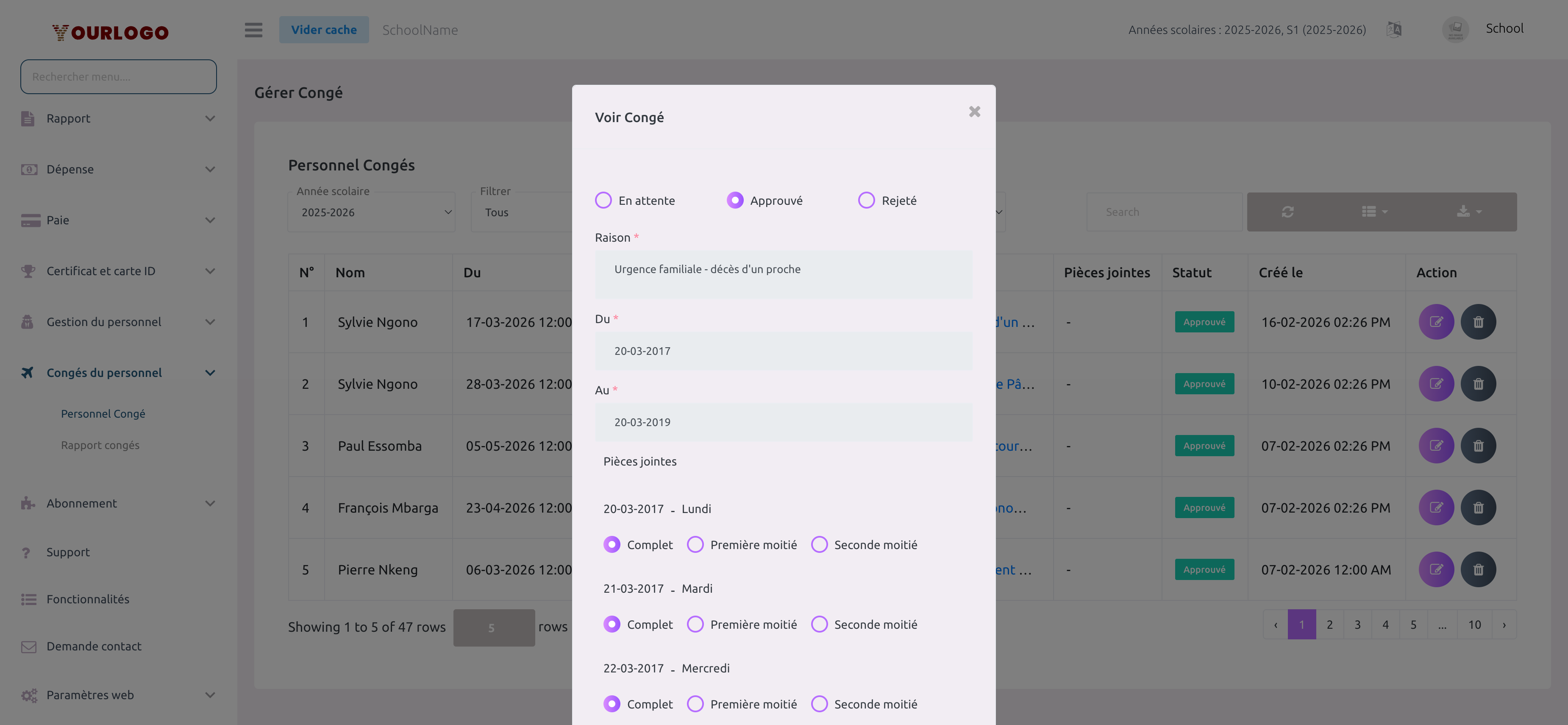 Boîte de dialogue Voir Congé avec les options de statut, la raison, les dates et le détail jour par jour