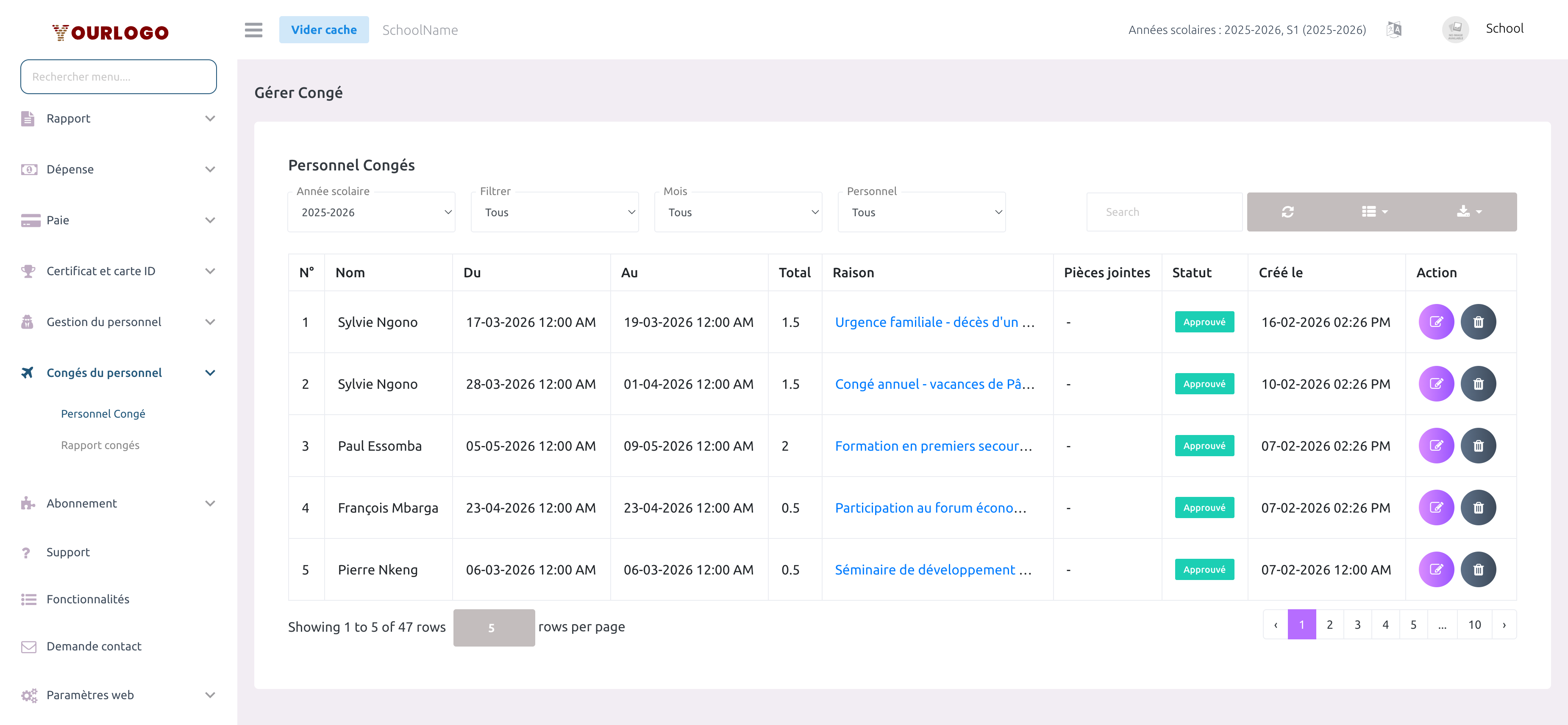 Liste des demandes de congé du personnel avec filtres et colonnes de statut