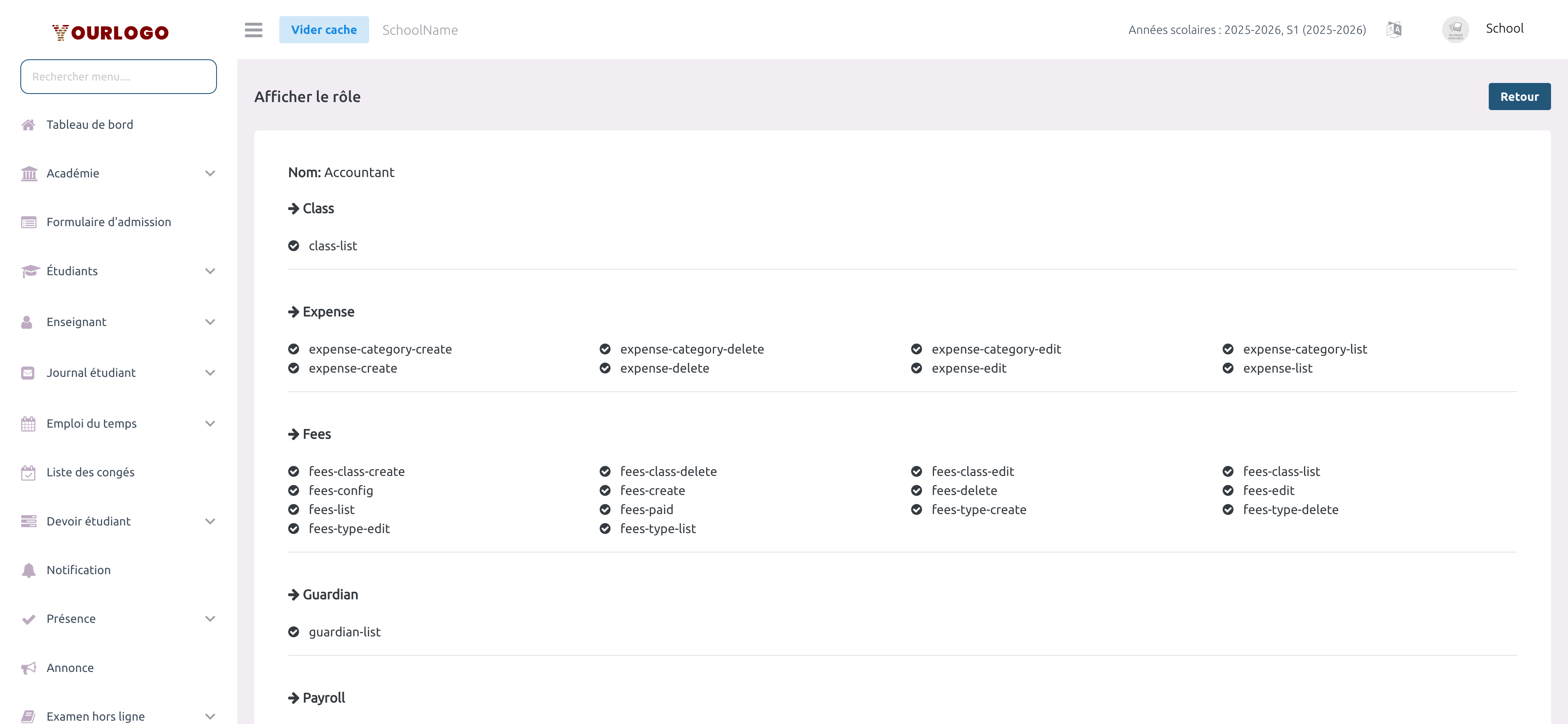 Vue détaillée du rôle montrant toutes les permissions attribuées