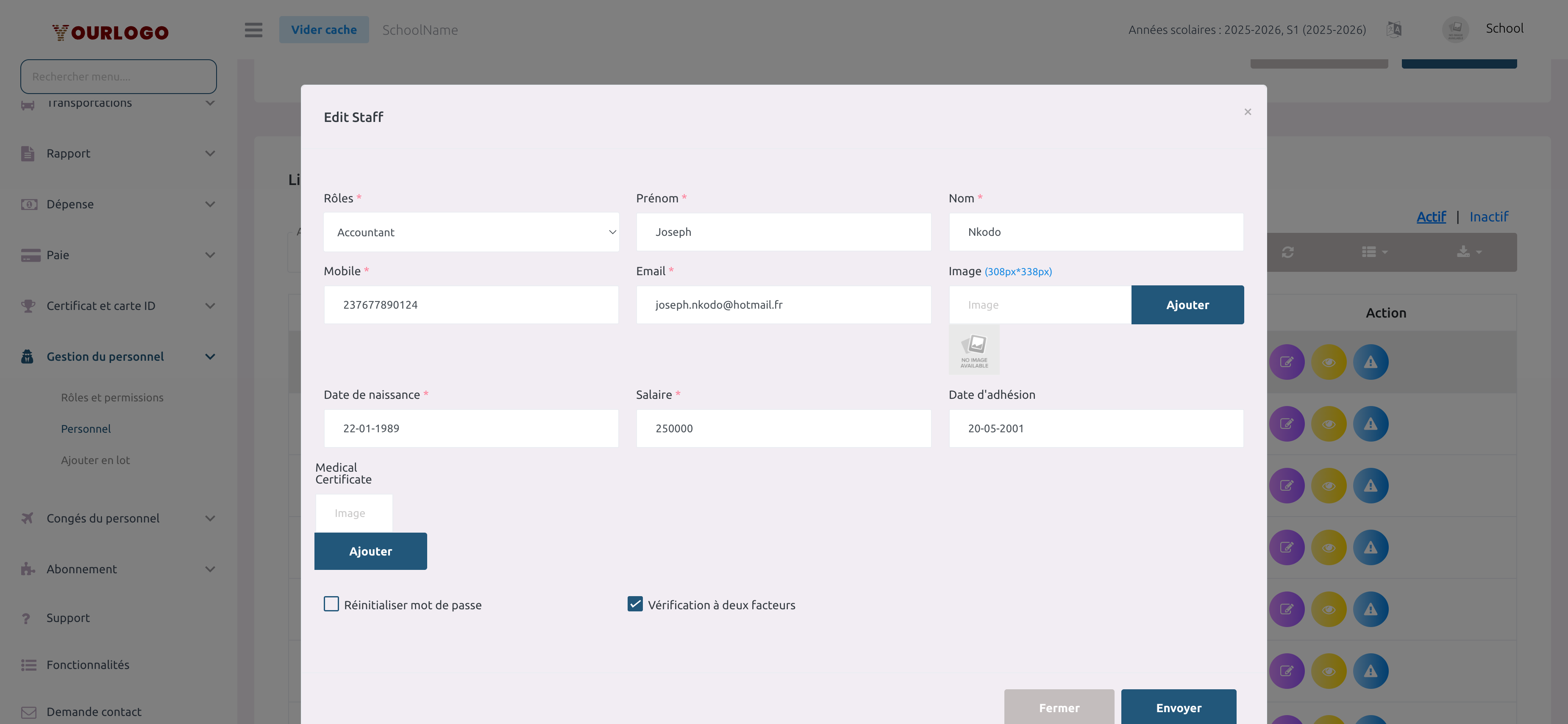 Modale de modification du personnel avec champs pré-remplis