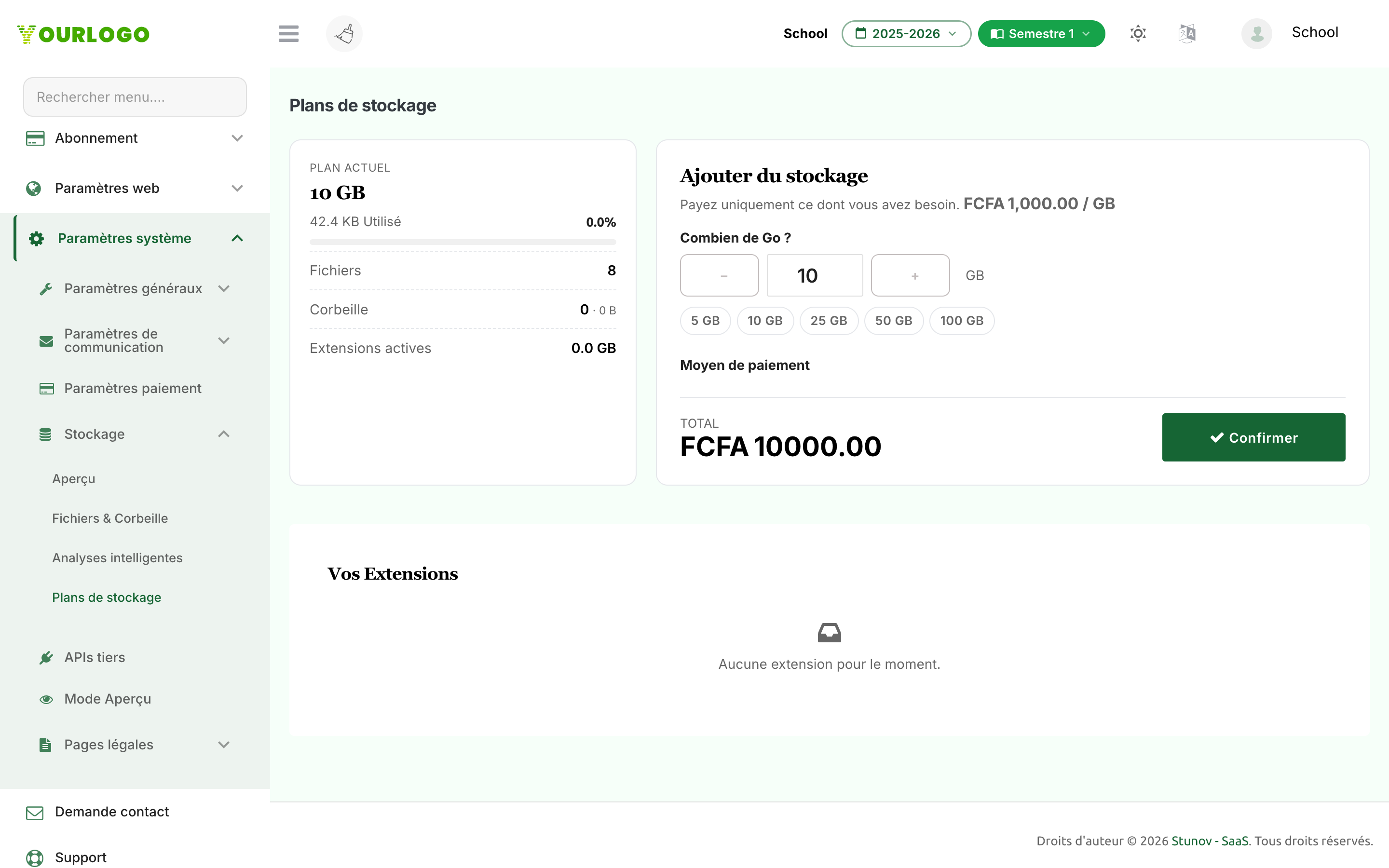 Page Formules de stockage avec l'utilisation actuelle et le formulaire d'ajout de stockage