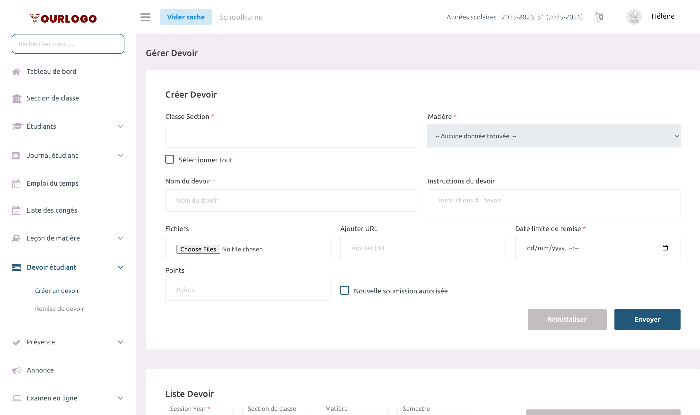 Page complète des devoirs montrant le formulaire de création en haut et la liste en dessous