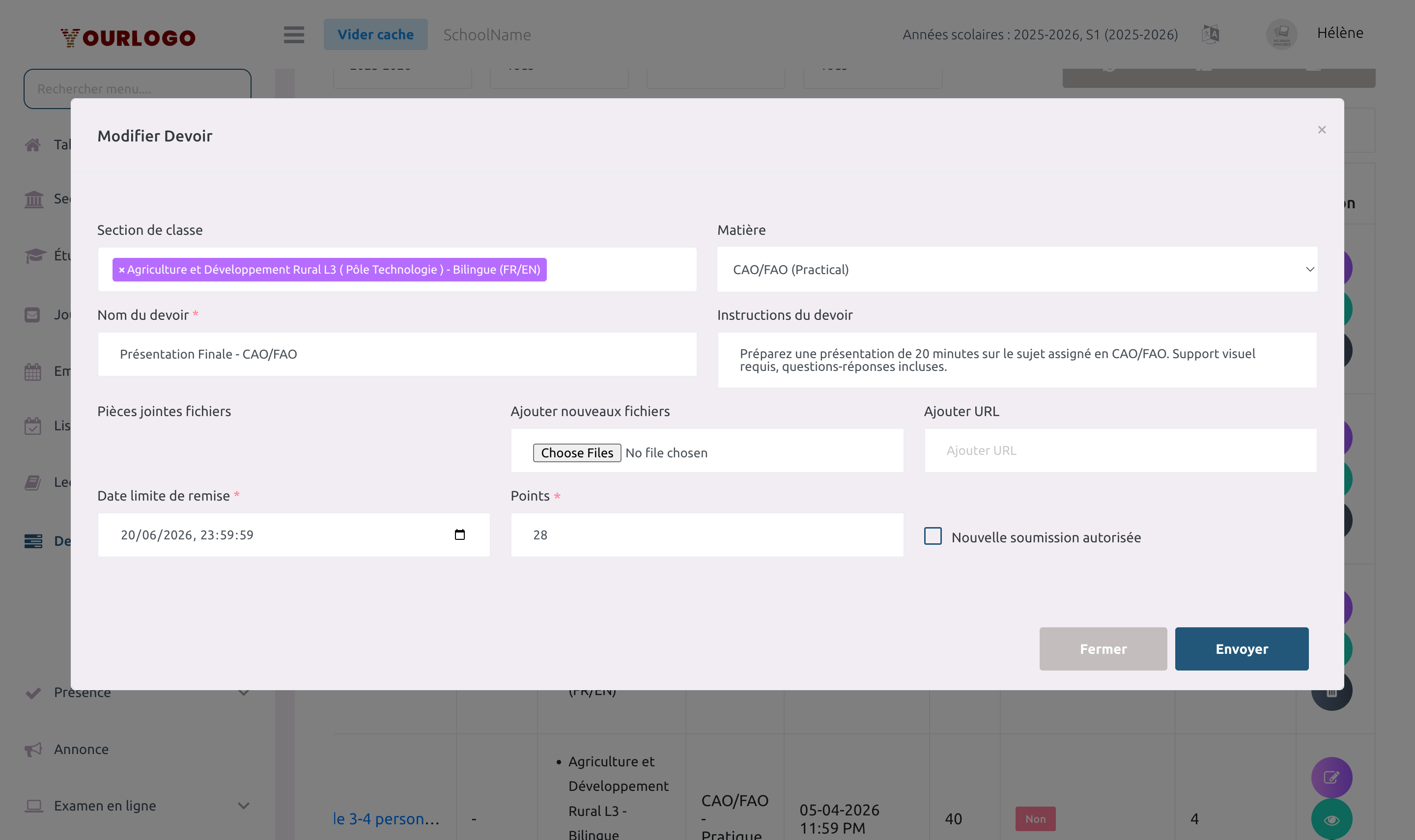 Boîte de dialogue modale de modification du devoir avec les champs pré-remplis