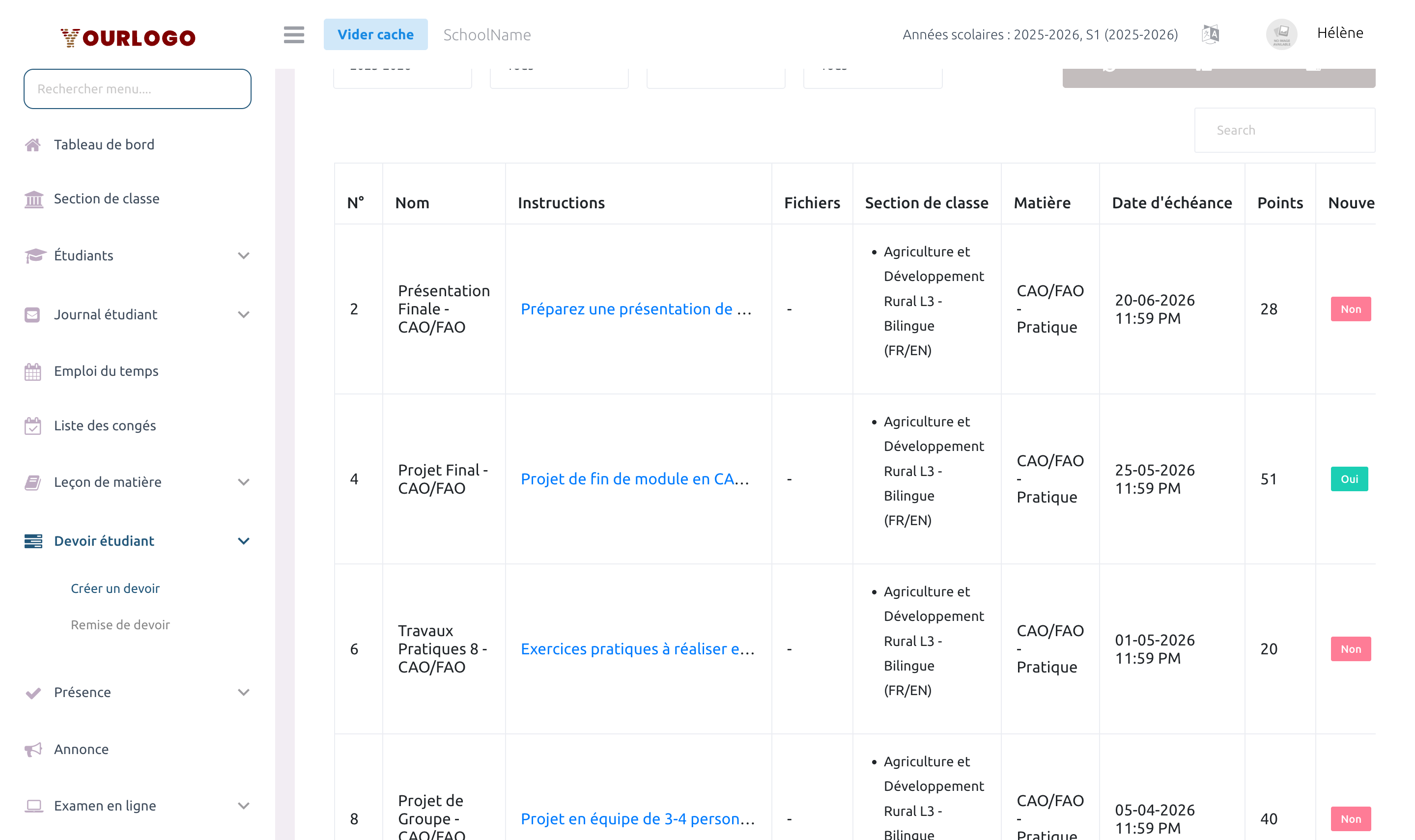 Tableau de liste des devoirs avec boutons d'action pour modifier, voir les soumissions et supprimer