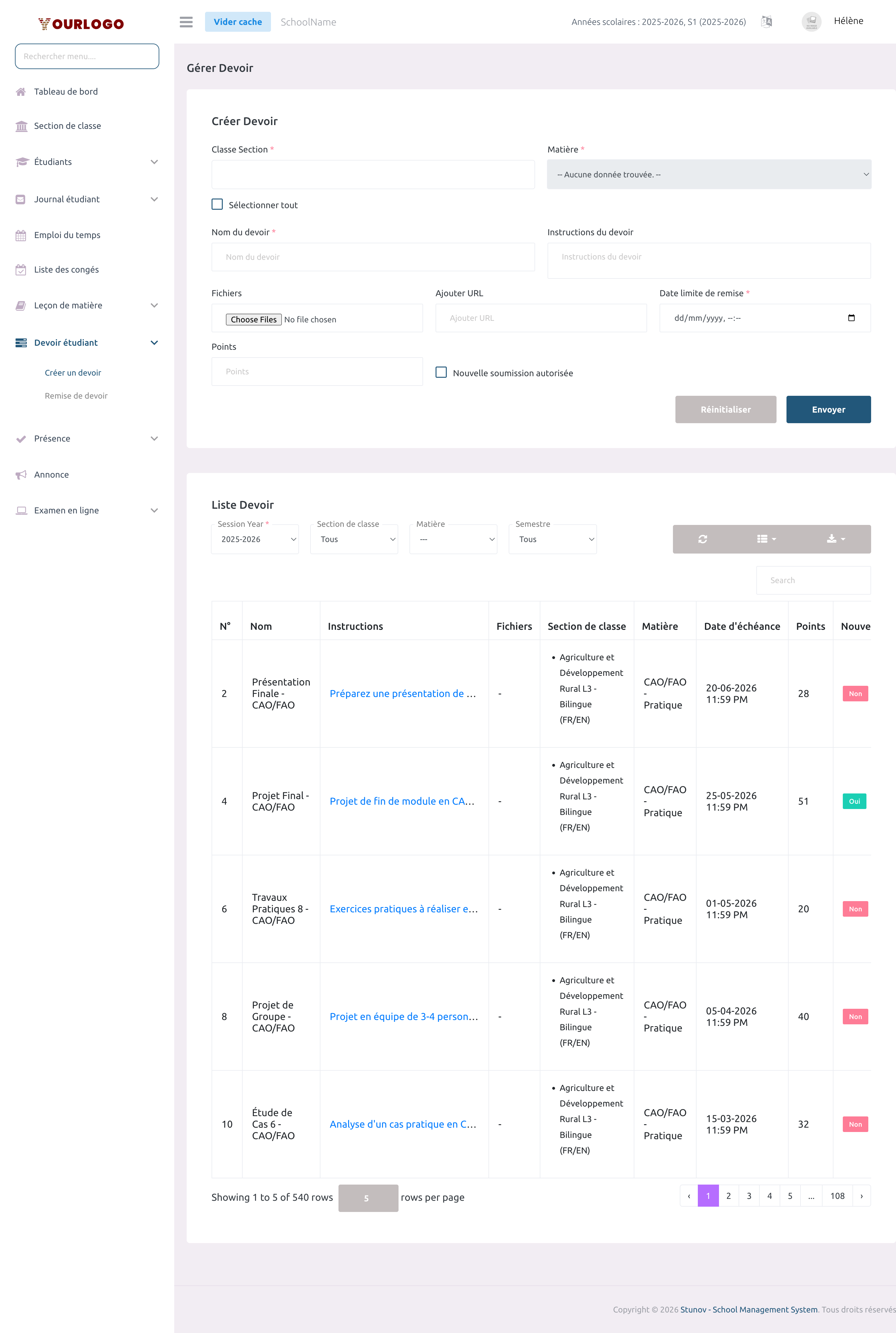 Page de gestion des devoirs montrant le formulaire de création et le tableau de liste