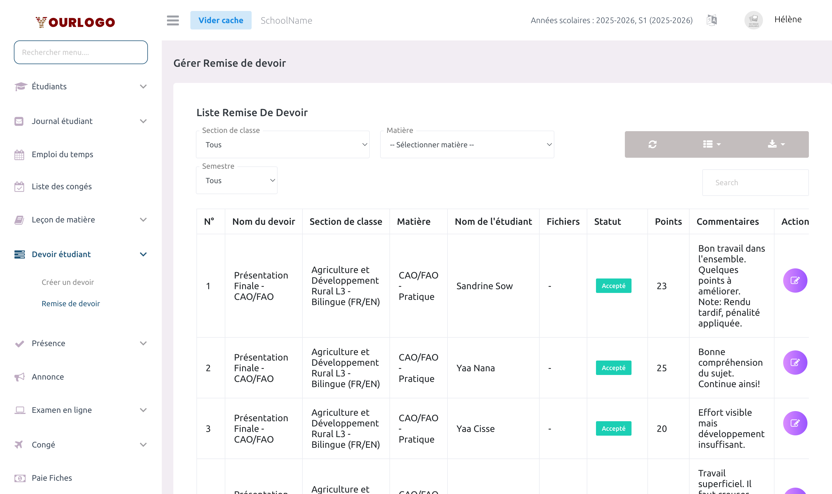 Liste des soumissions montrant les noms d'élèves, statuts, points et commentaires