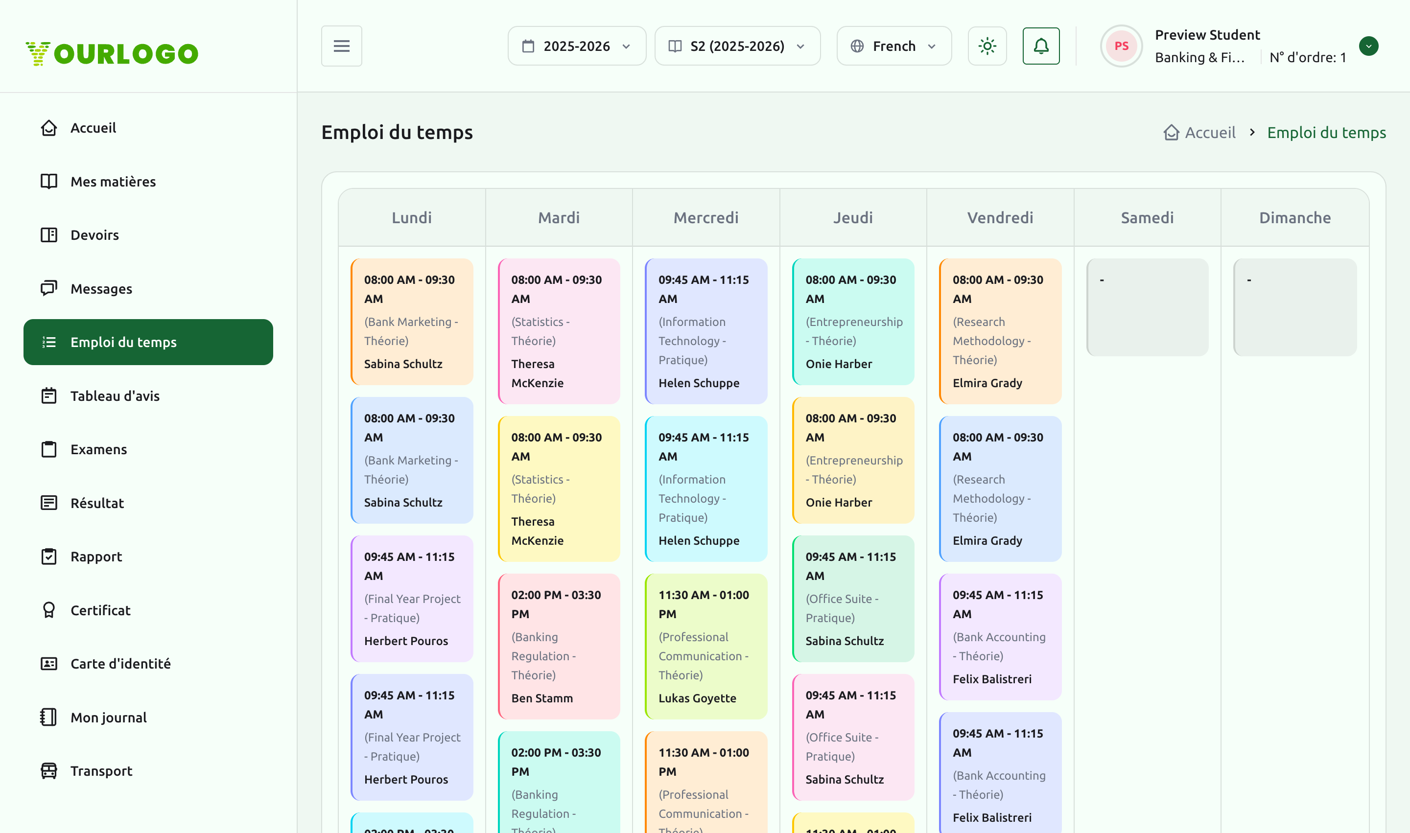 Grille d'emploi du temps hebdomadaire du lundi au dimanche avec créneaux de matières à code couleur et enseignants