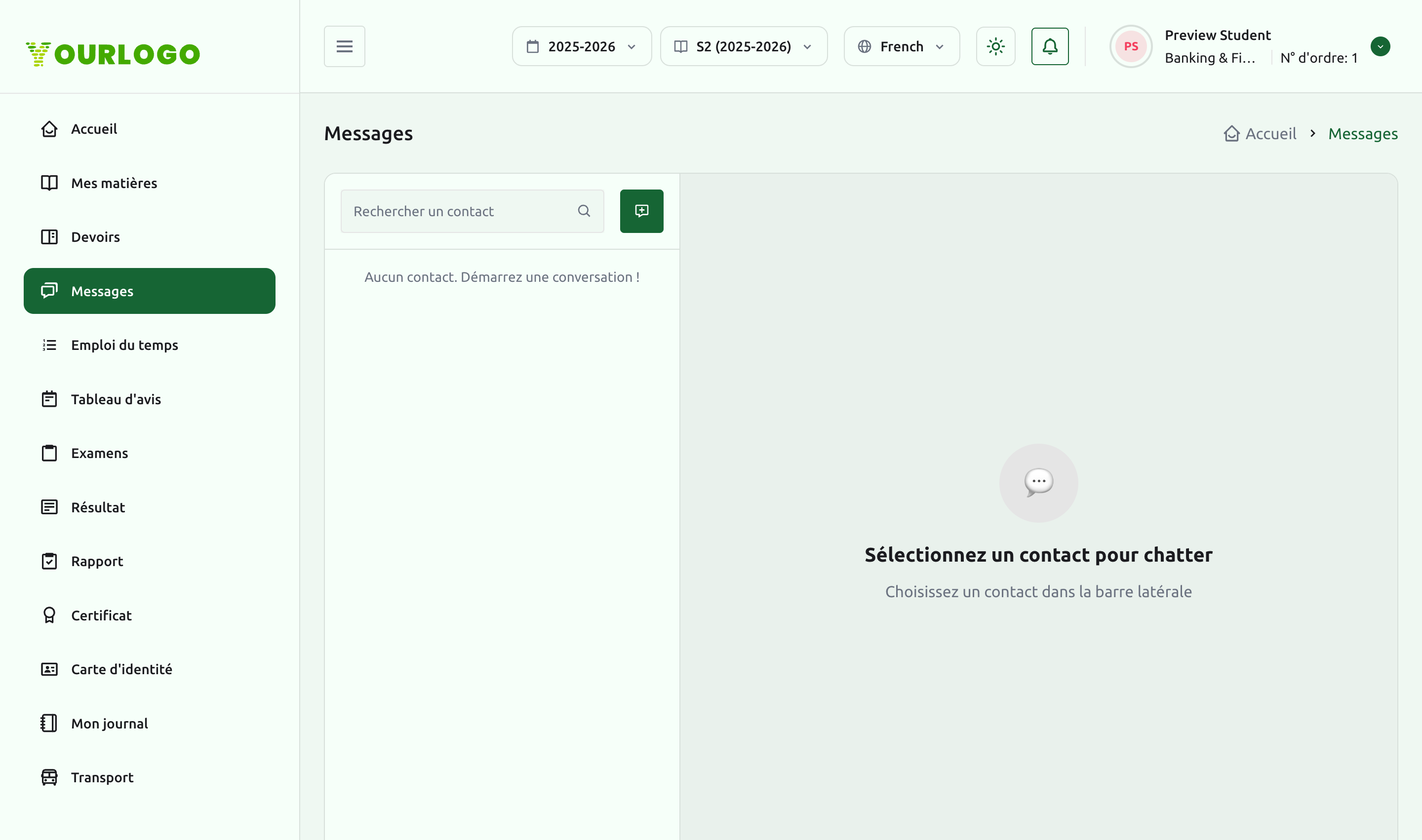 Page Discussions avec une liste de contacts vide et une invitation à sélectionner un contact pour commencer à discuter