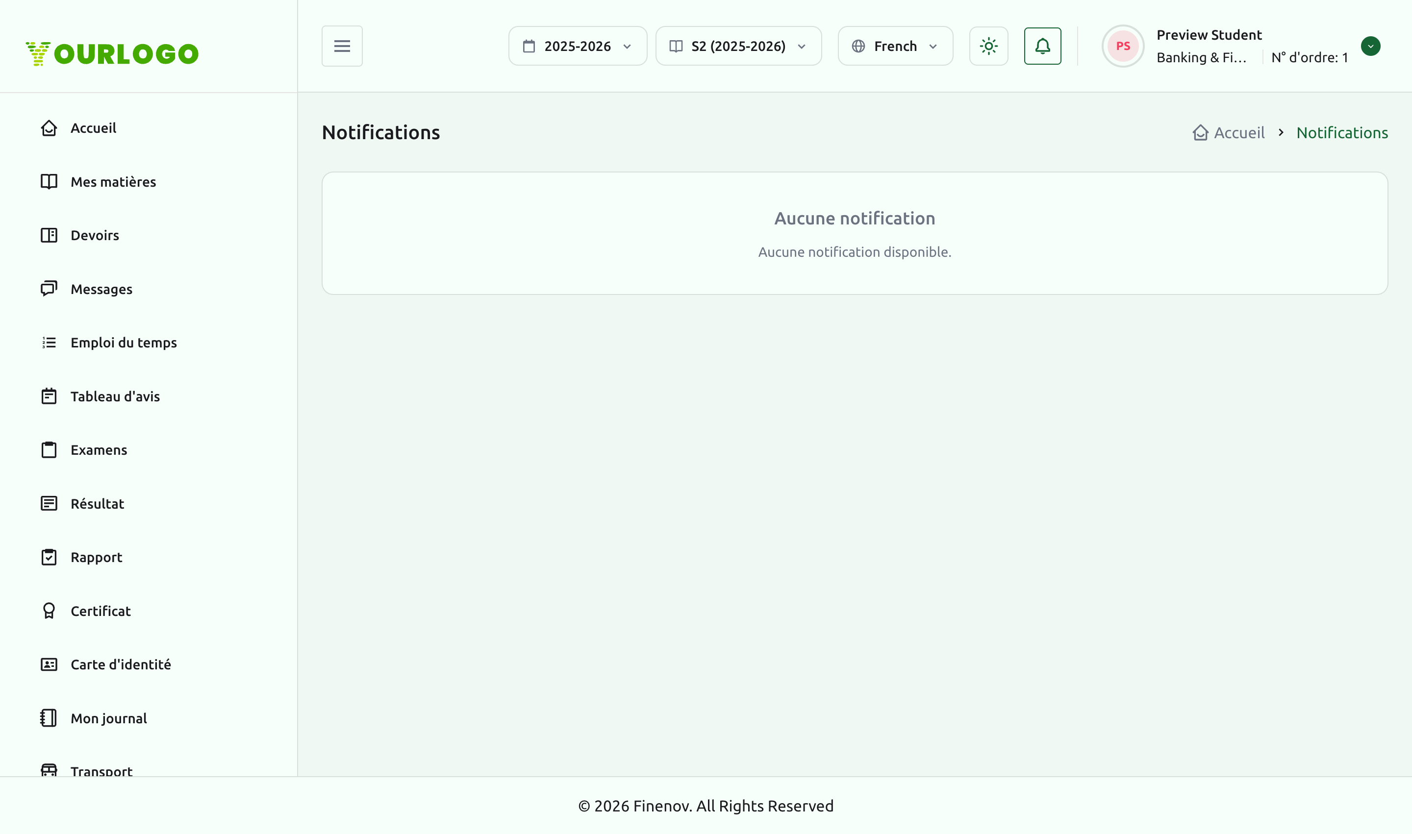 Page Notifications montrant l'état vide lorsqu'il n'y a aucune notification