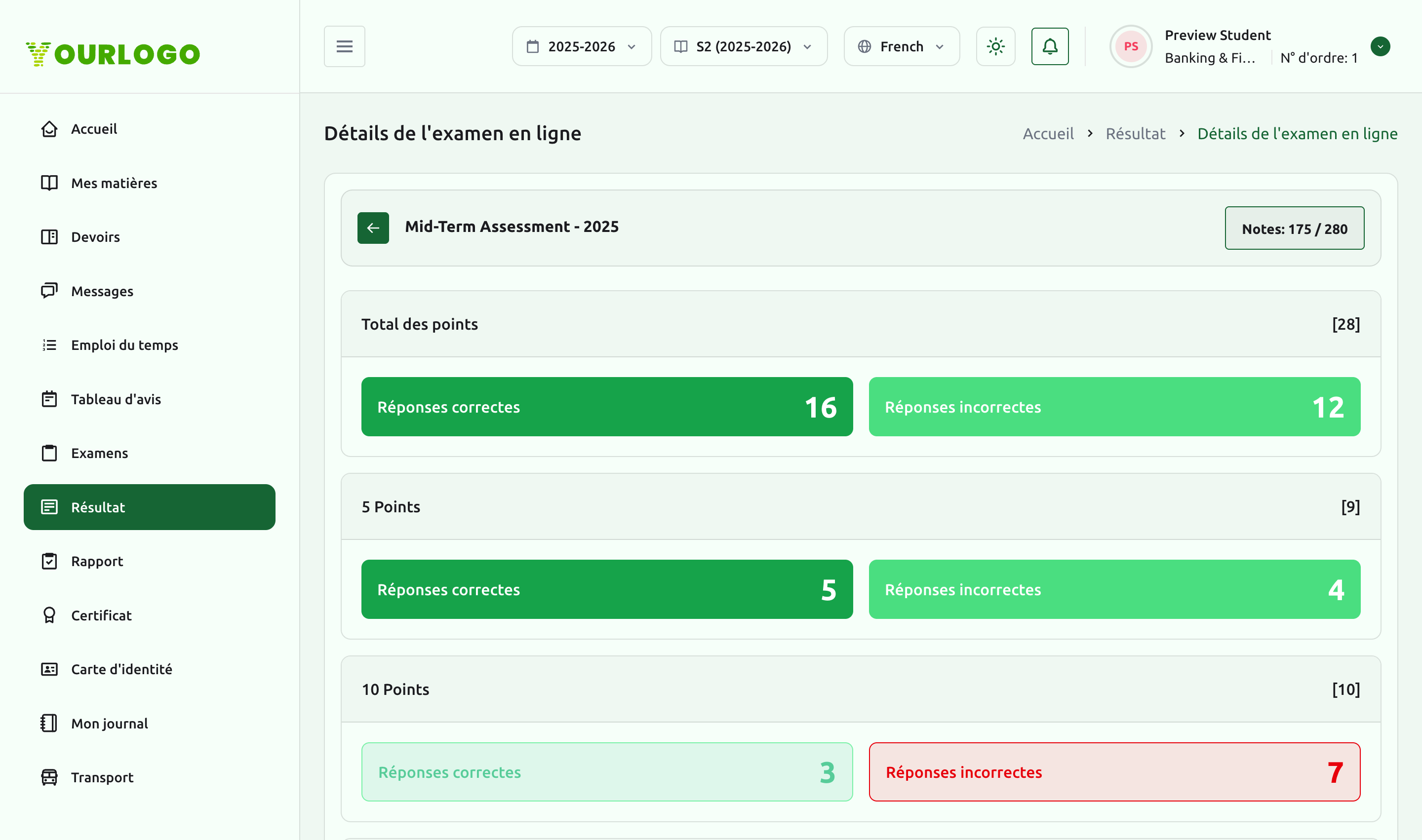 Détail du résultat d'un examen en ligne montrant le total des notes et les réponses correctes/incorrectes par groupe de questions