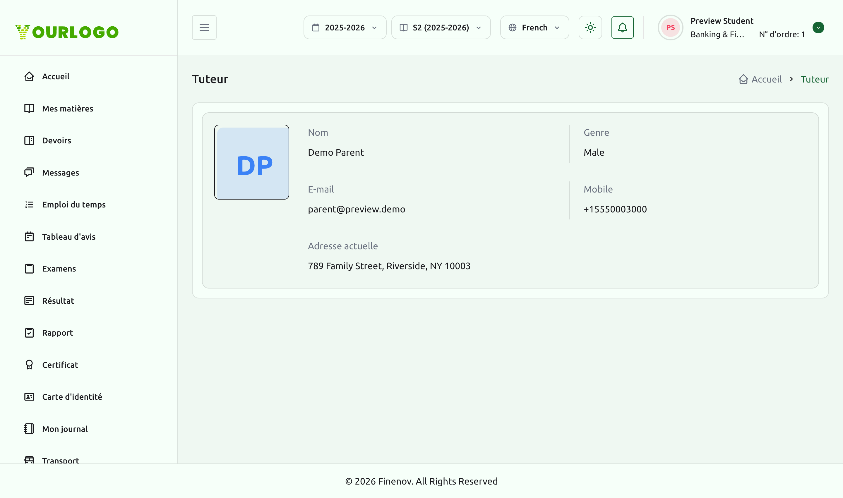 Page Détails du tuteur avec le nom, l'e-mail, le mobile et l'adresse du tuteur