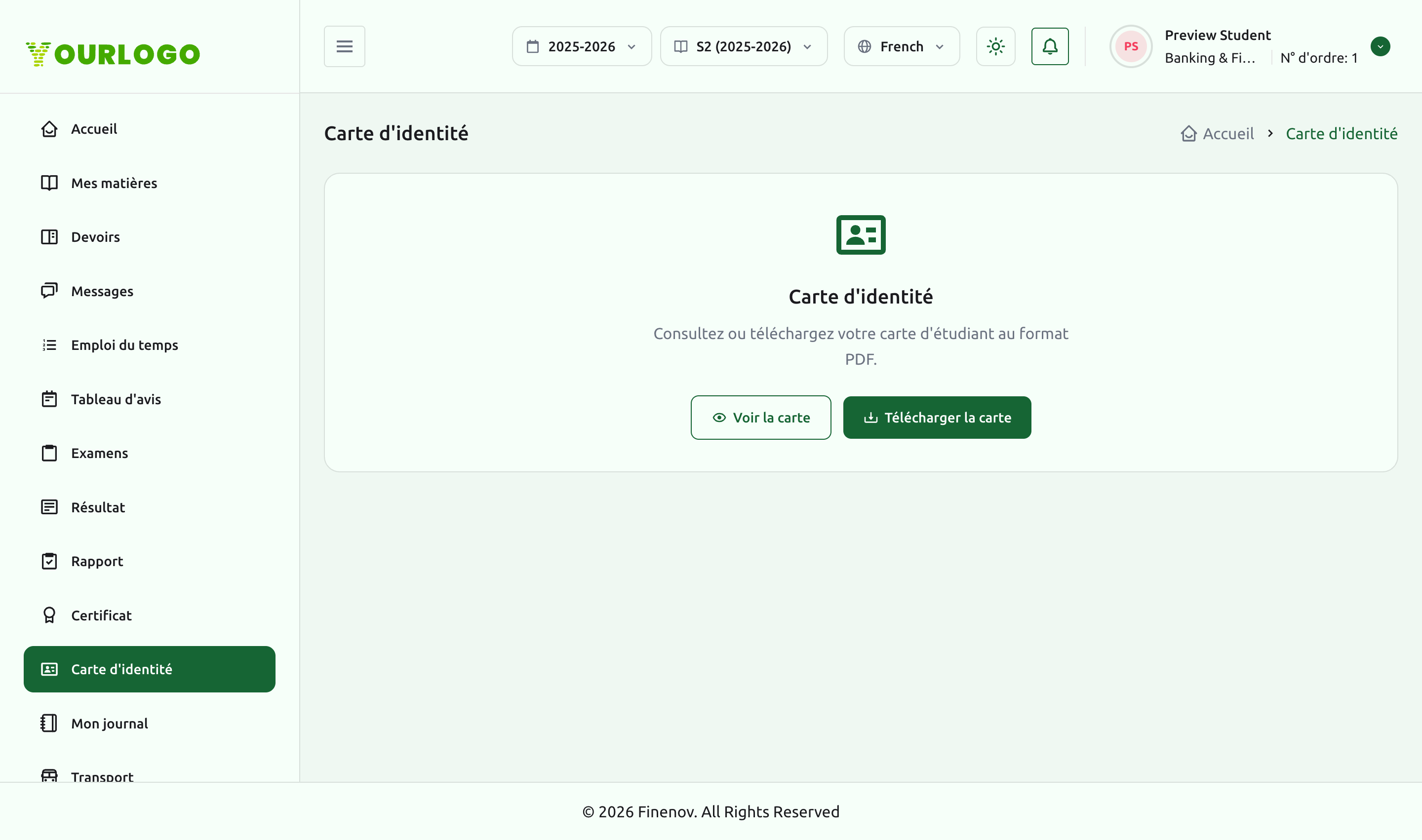Page Carte d'identité avec les actions Voir la carte d'identité et Télécharger la carte d'identité