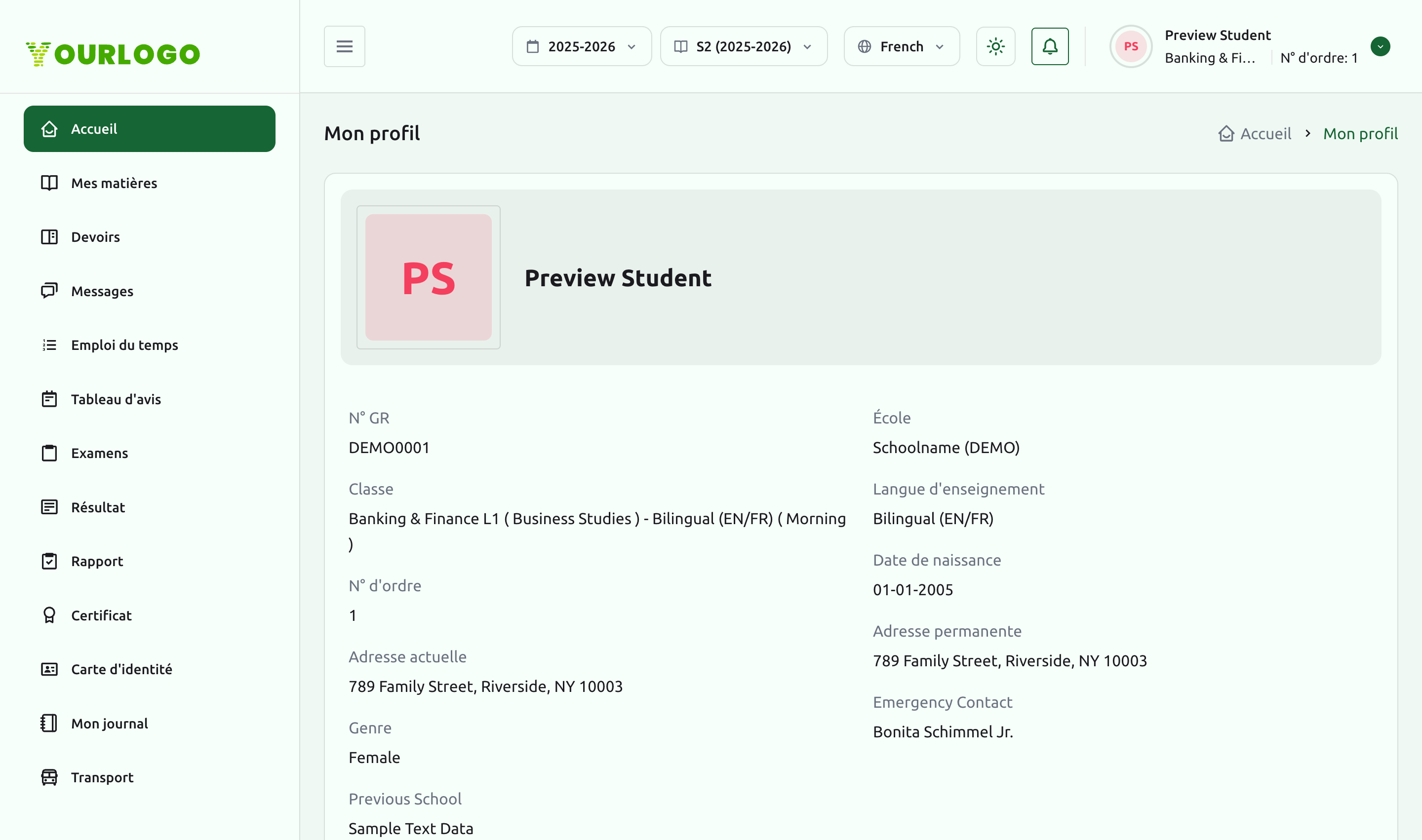 Page Mon profil montrant la photo de l'élève, le numéro GR, la classe, le numéro d'appel et les détails personnels