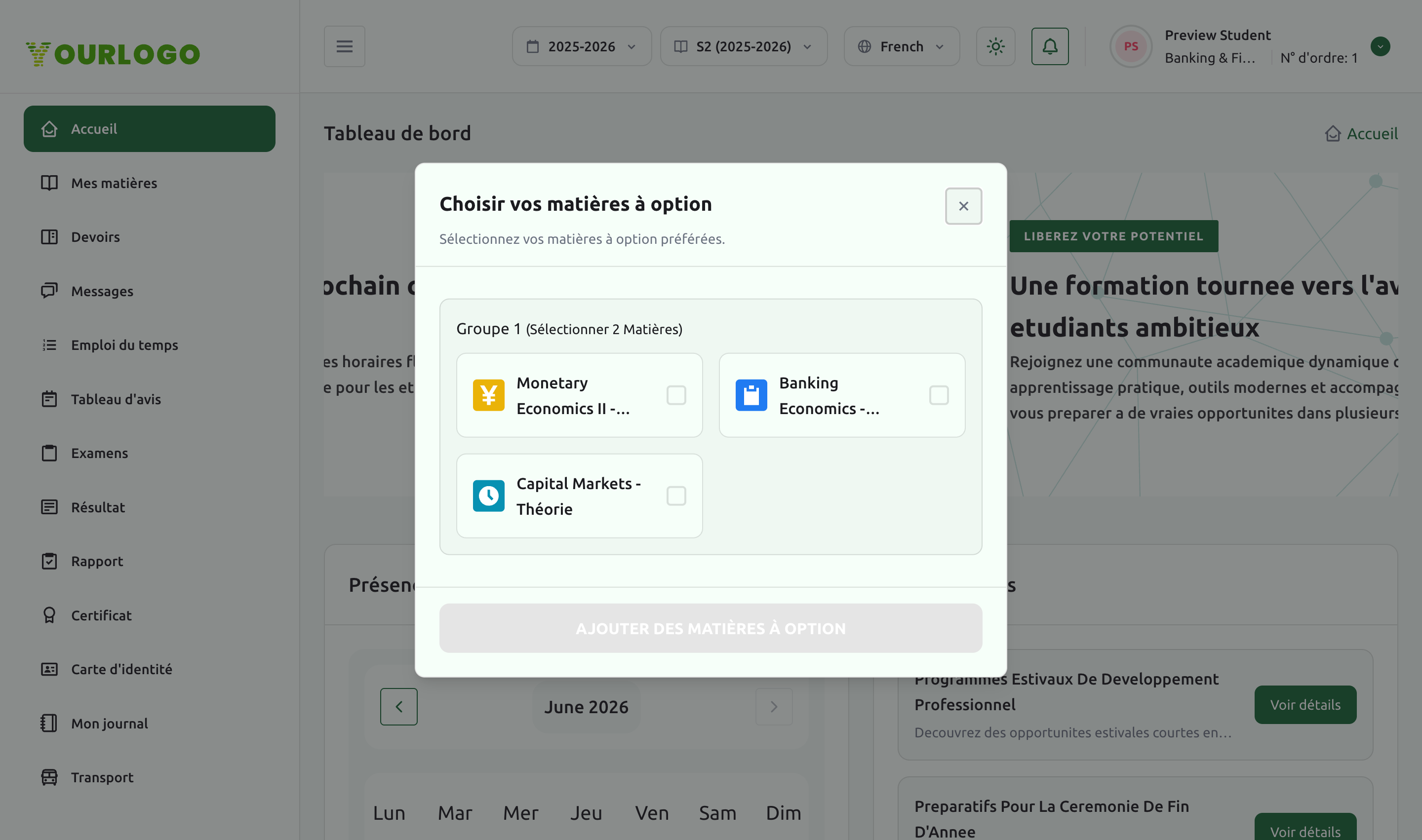 Boîte de dialogue Choisissez vos matières à option avec des groupes de matières et des options sélectionnables