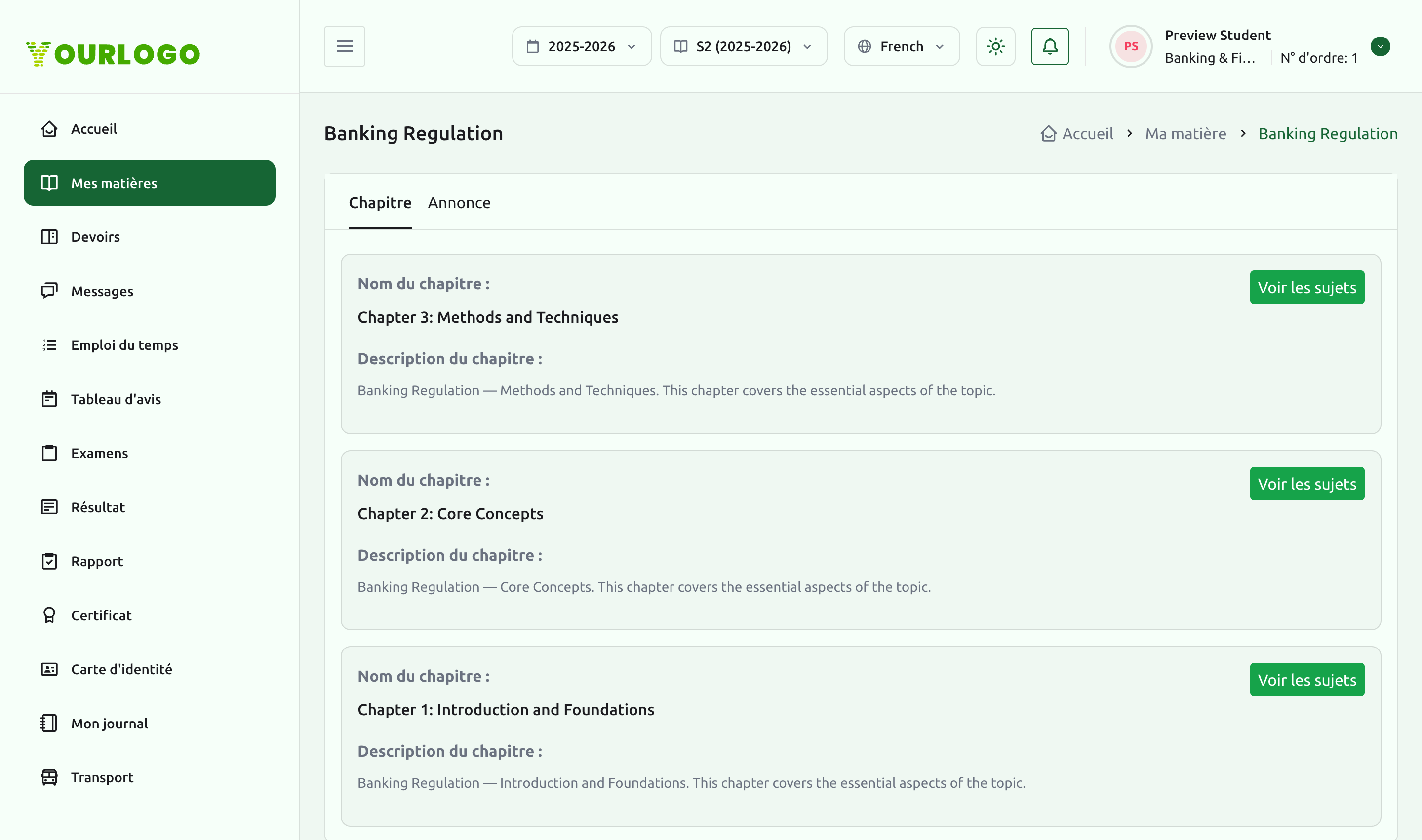 Page de détails d'une matière listant les chapitres avec descriptions et boutons Voir les sujets