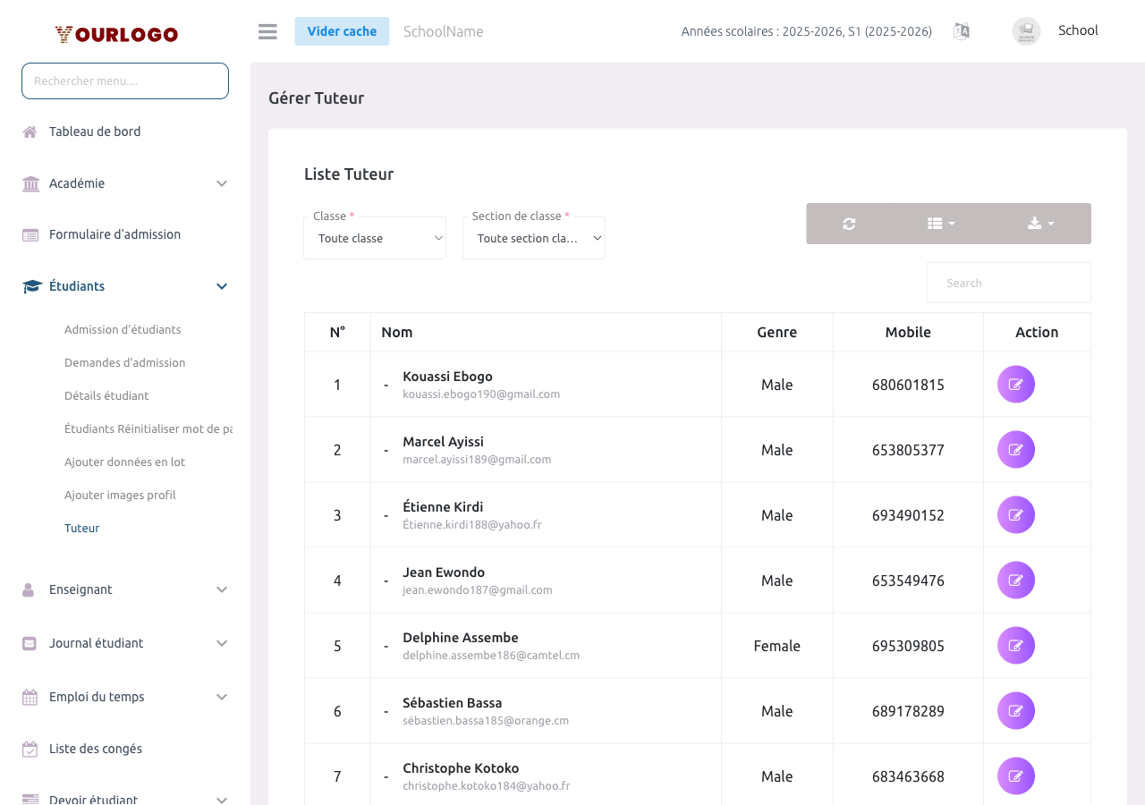 Page de liste des tuteurs montrant tous les comptes avec nom, email, téléphone, élèves liés et boutons d'action
